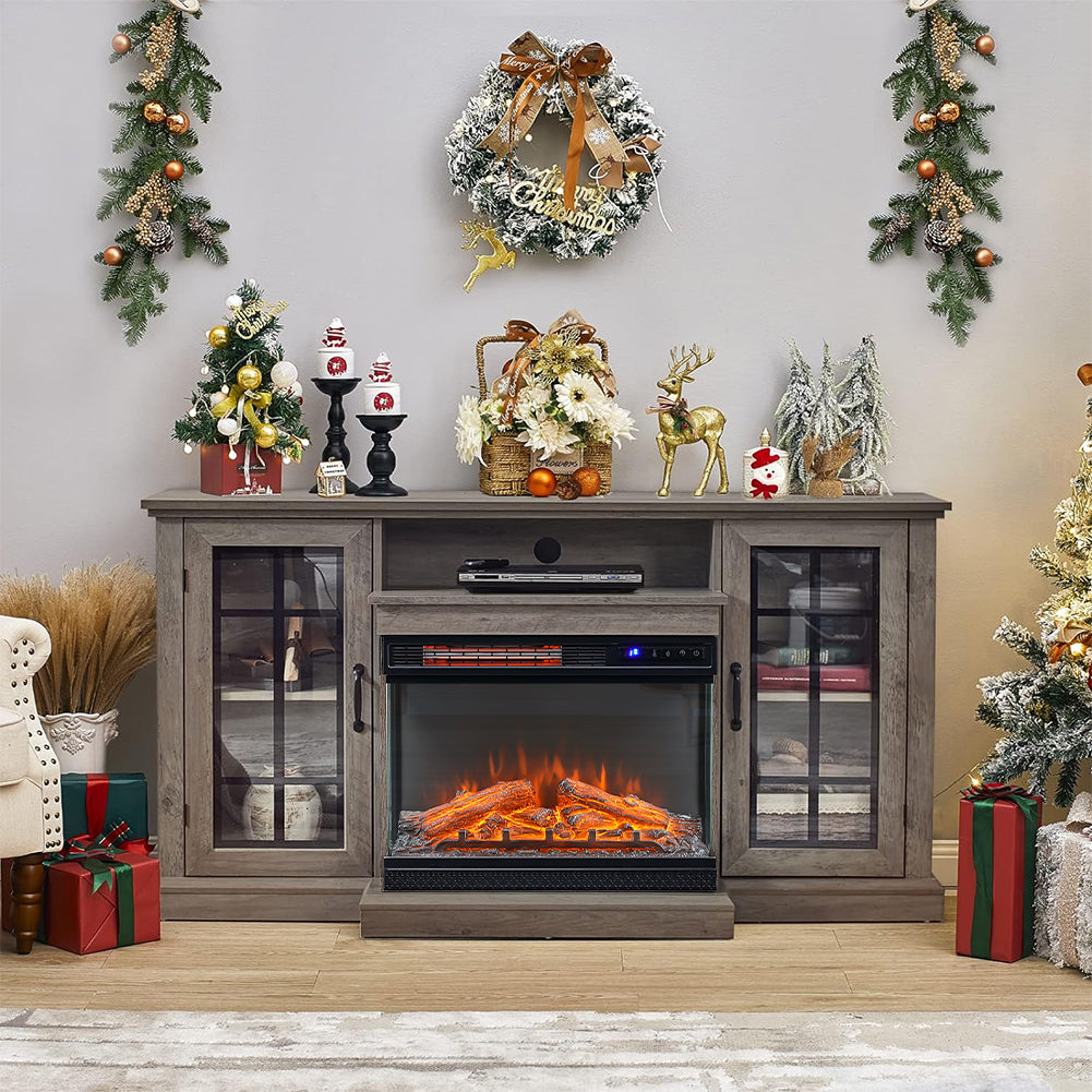 Panoramic Glass Fireplace TV Stand with Storage Cabinets, Customizable Flames & Remote Control