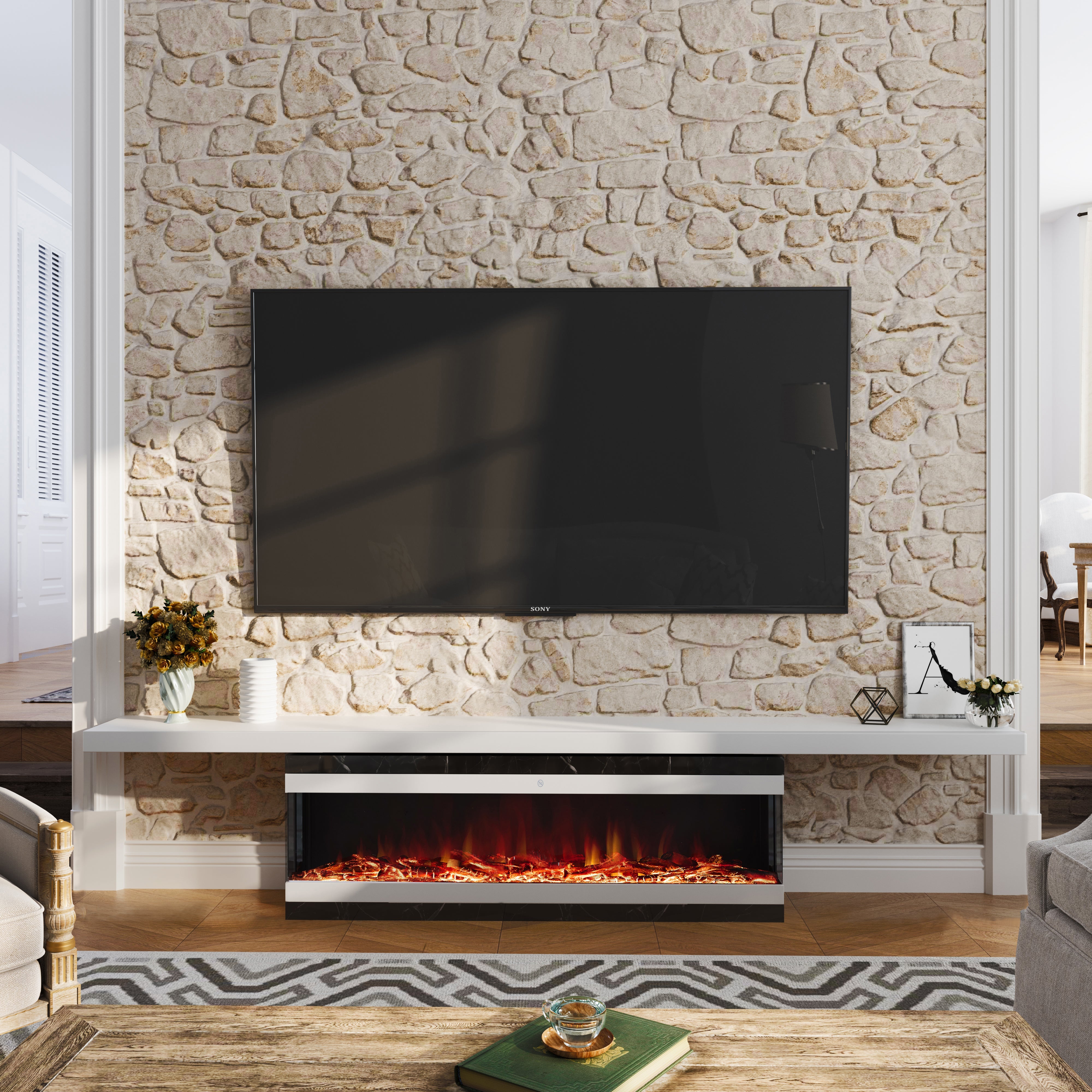 42/48/56/72inch 3-Sided Black/White Electric Fireplace with Remote Control, WiFi Function, Adjustable LED Flames and Heating Modes