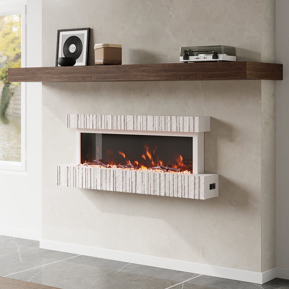 47/59 Inch Wall Mounted Electric Fireplace with Faux Stone Mantel, WiFi, Remote & LED Flames
