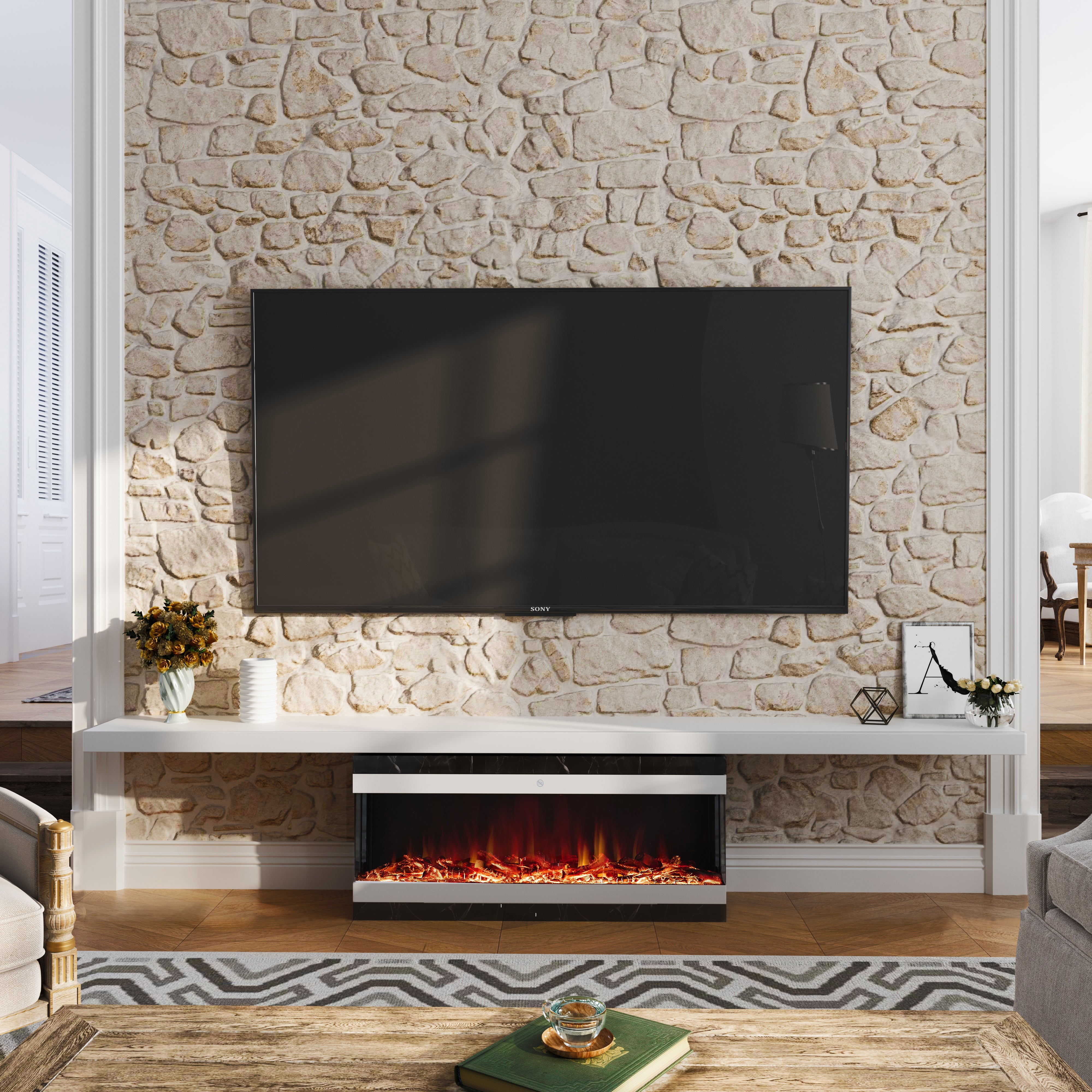 42/48/56/72inch 3-Sided Black/White Electric Fireplace with Remote Control, WiFi Function, Adjustable LED Flames and Heating Modes