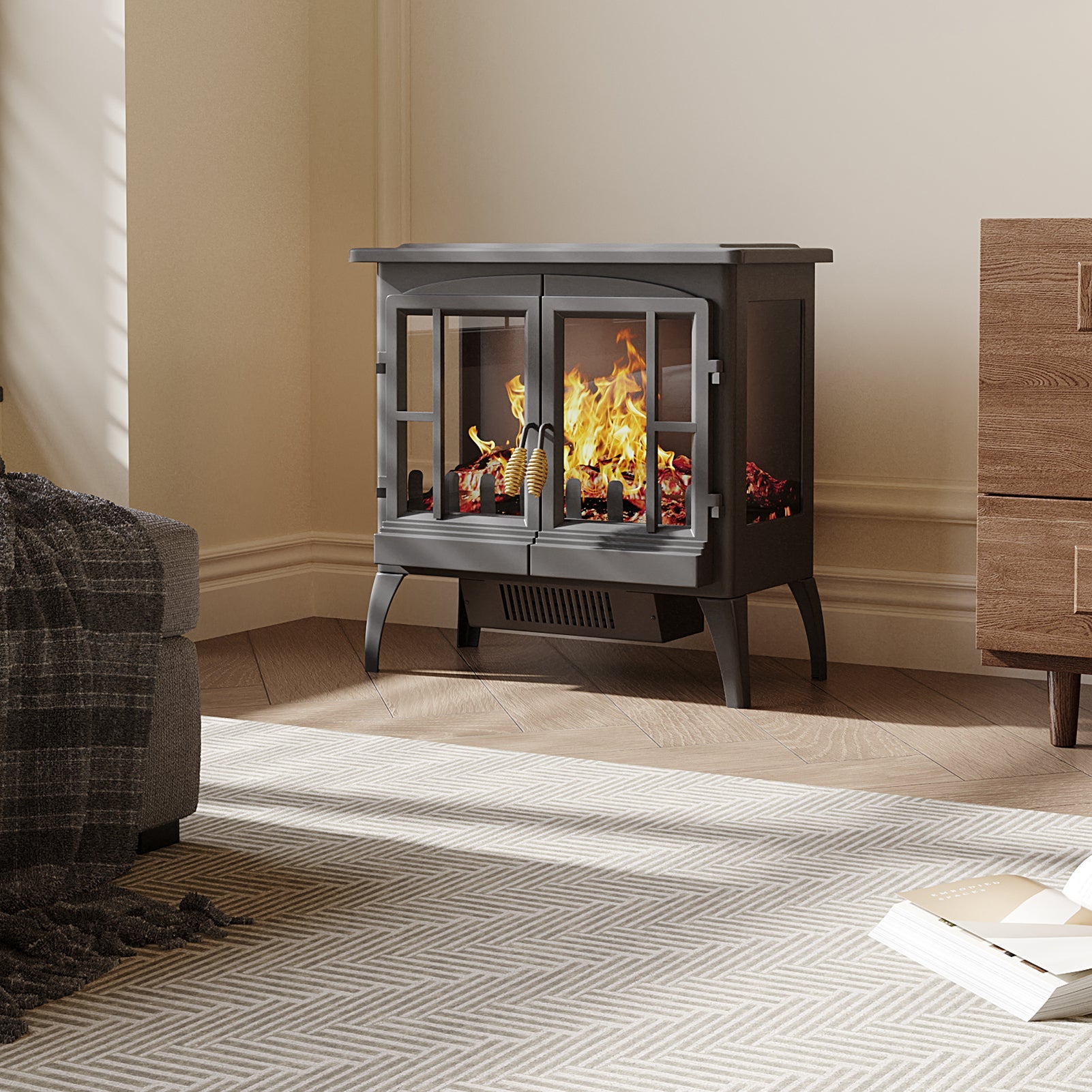 Black Freestanding Electric Fireplace Heater with Adjustable Flame Brightness