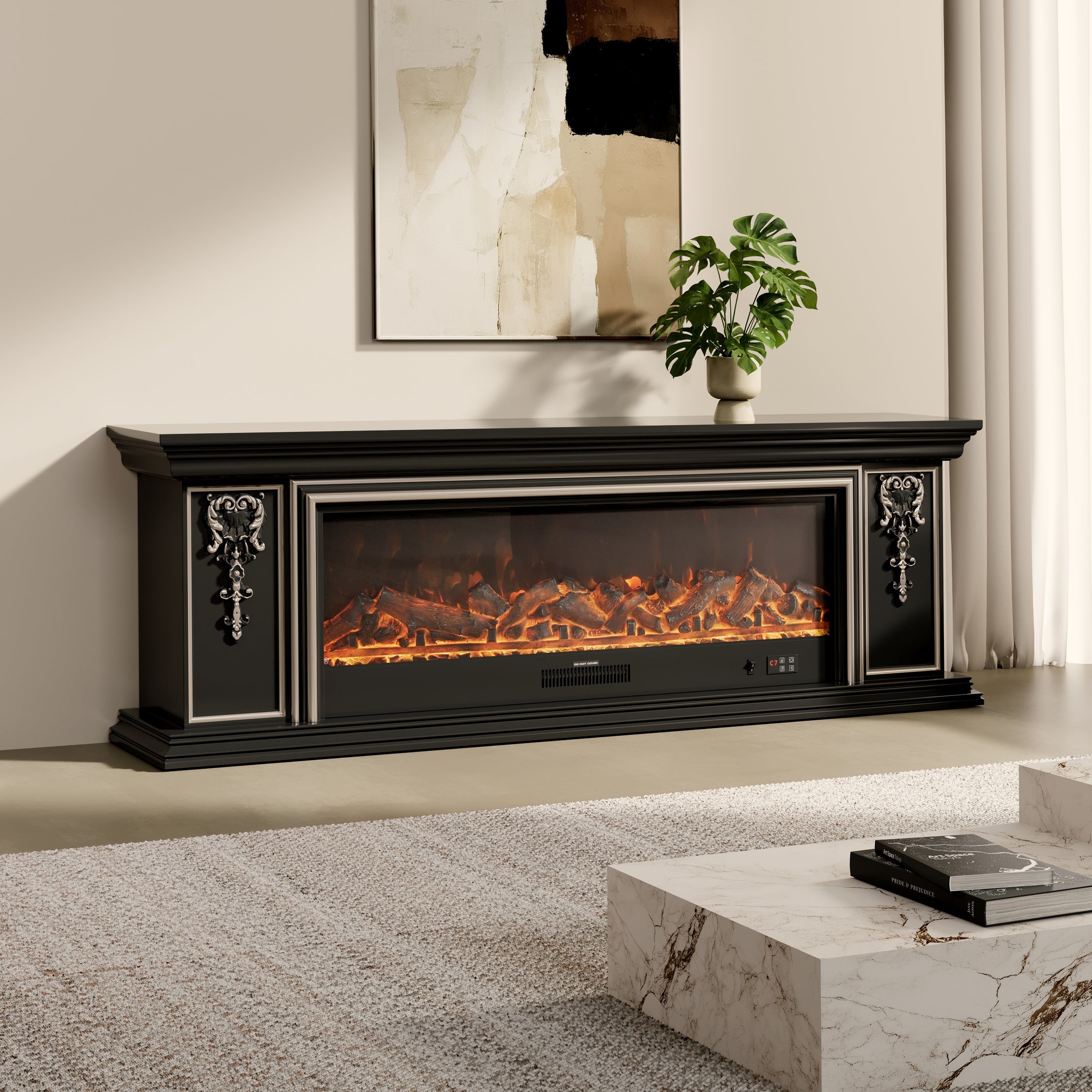 Black Gold Trim TV Cabinet Electric Fireplace with WiFi, APP & Flame Sound