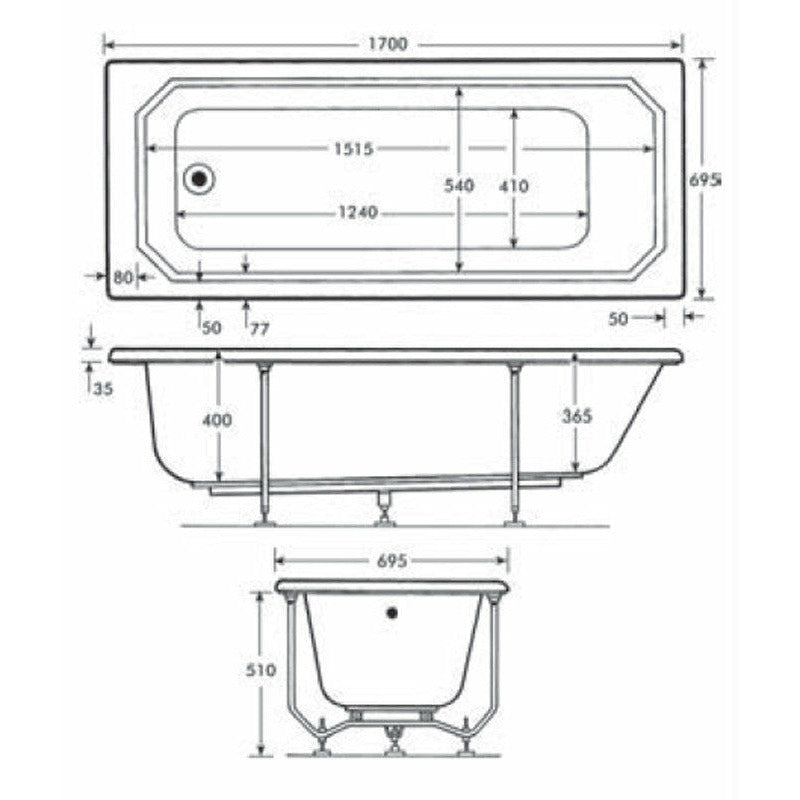 1700 x 700mm Square Single-Ended Straight Bath - Art