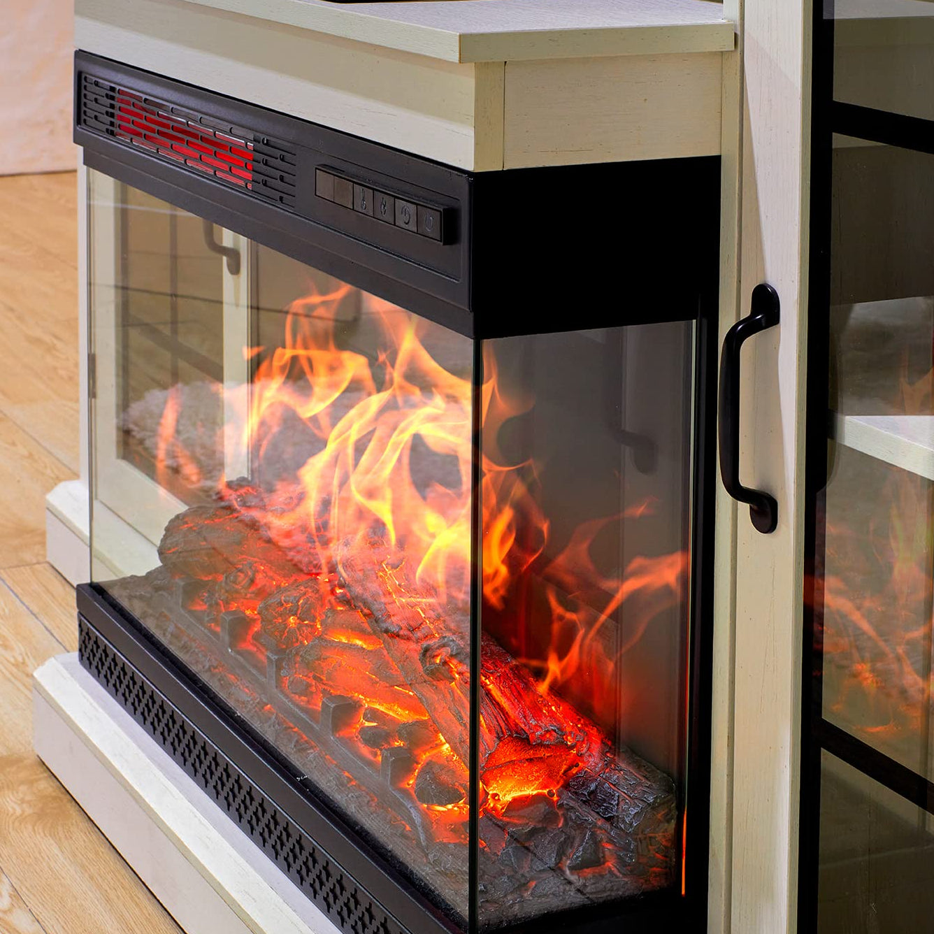 Panoramic Glass Fireplace TV Stand with Storage Cabinets, Customizable Flames & Remote Control