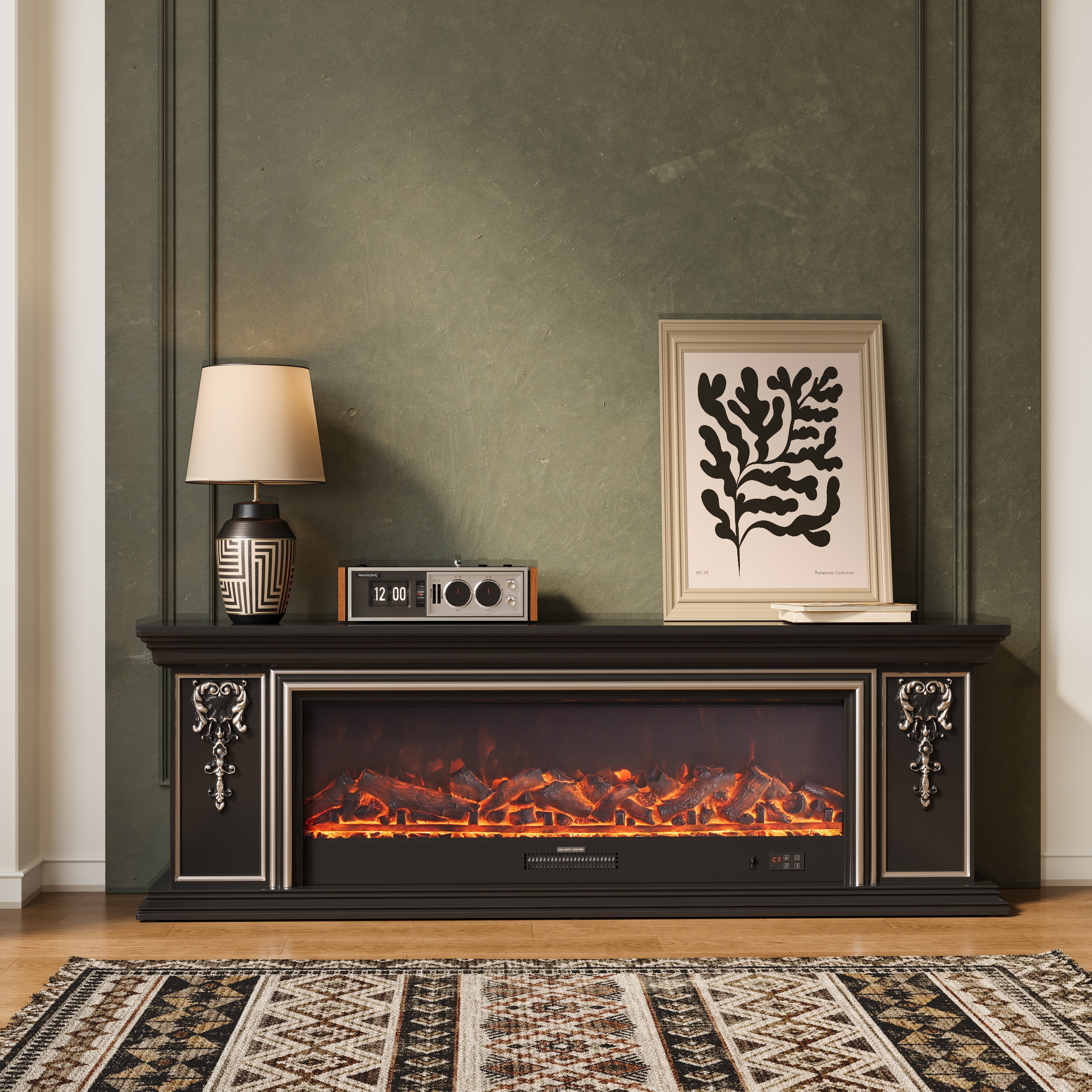 Black Gold Trim TV Cabinet Electric Fireplace with WiFi, APP & Flame Sound