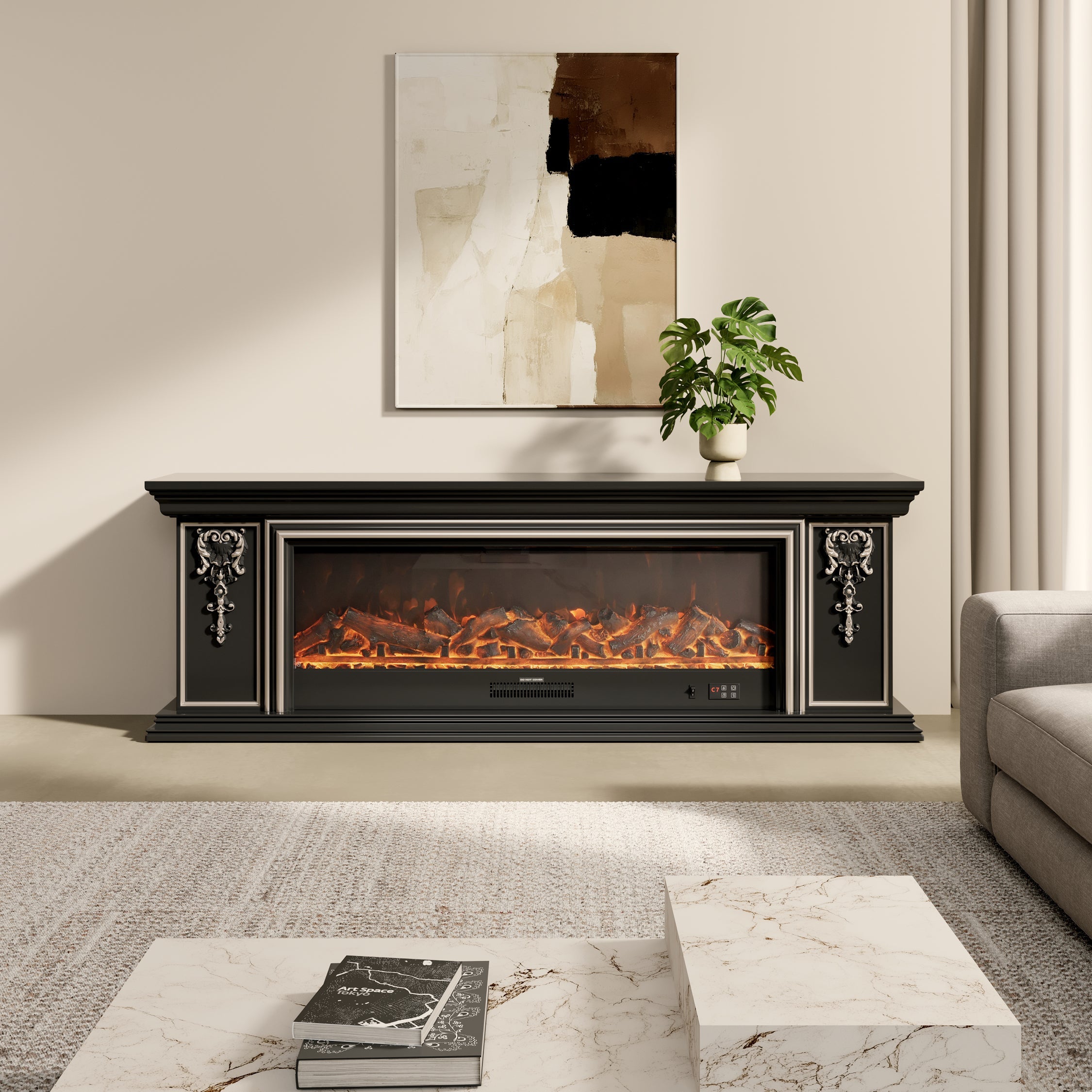Black Gold Trim TV Cabinet Electric Fireplace with WiFi, APP & Flame Sound