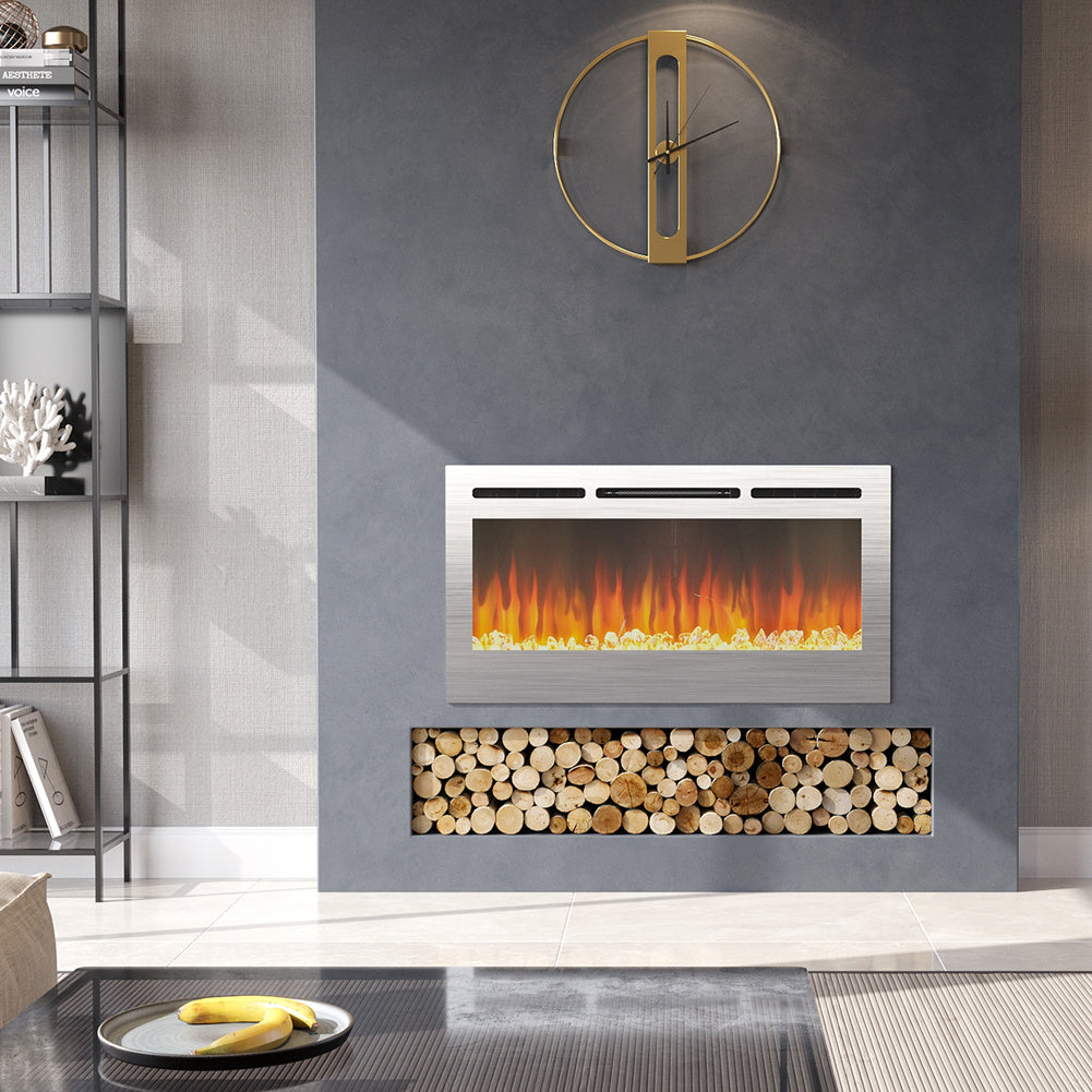 36/40/50/60inch Built-in Electric Fireplace with LED Display, Realistic Flame Effect with Logs and Crystal