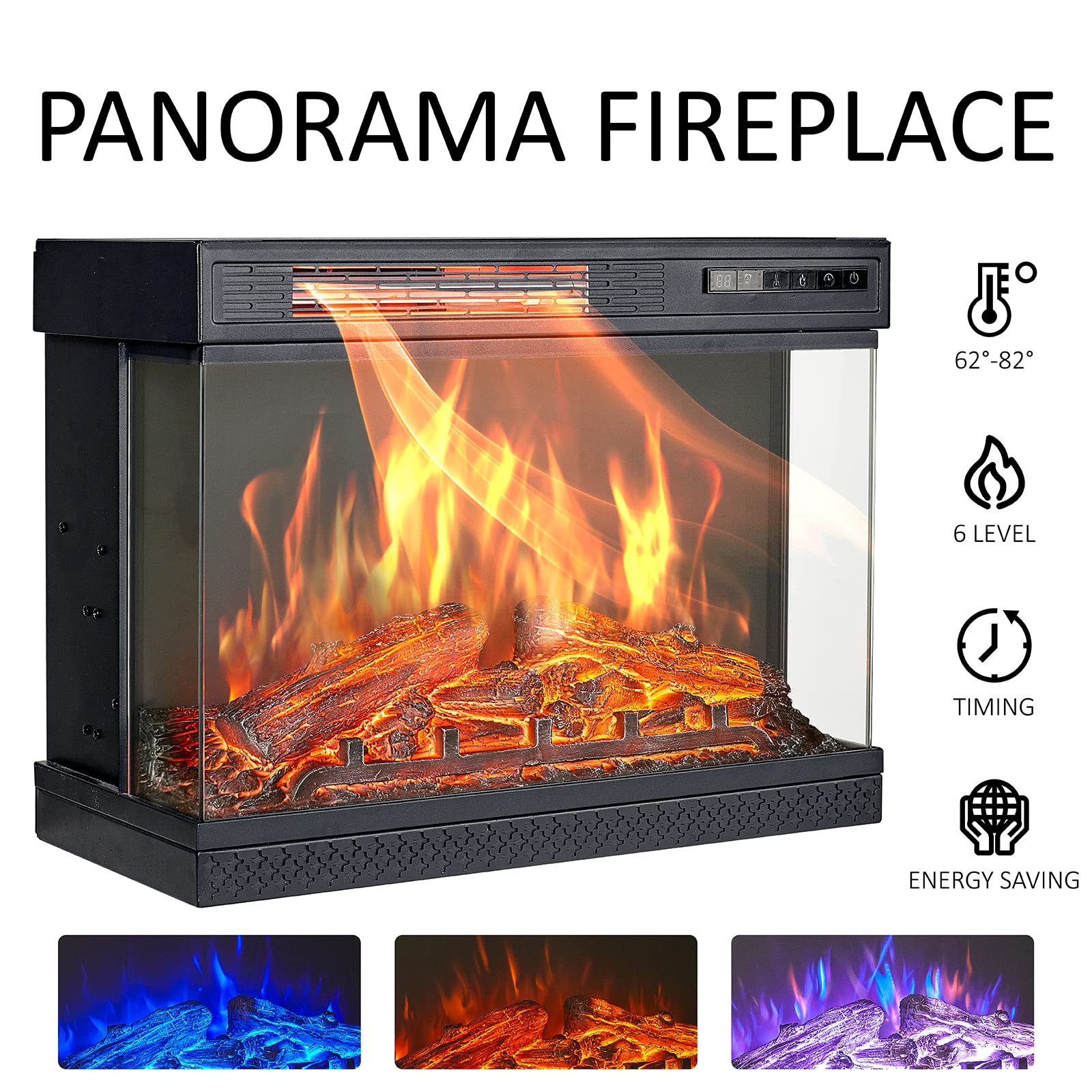 Panoramic Glass Fireplace TV Stand with Storage Cabinets, Customizable Flames & Remote Control
