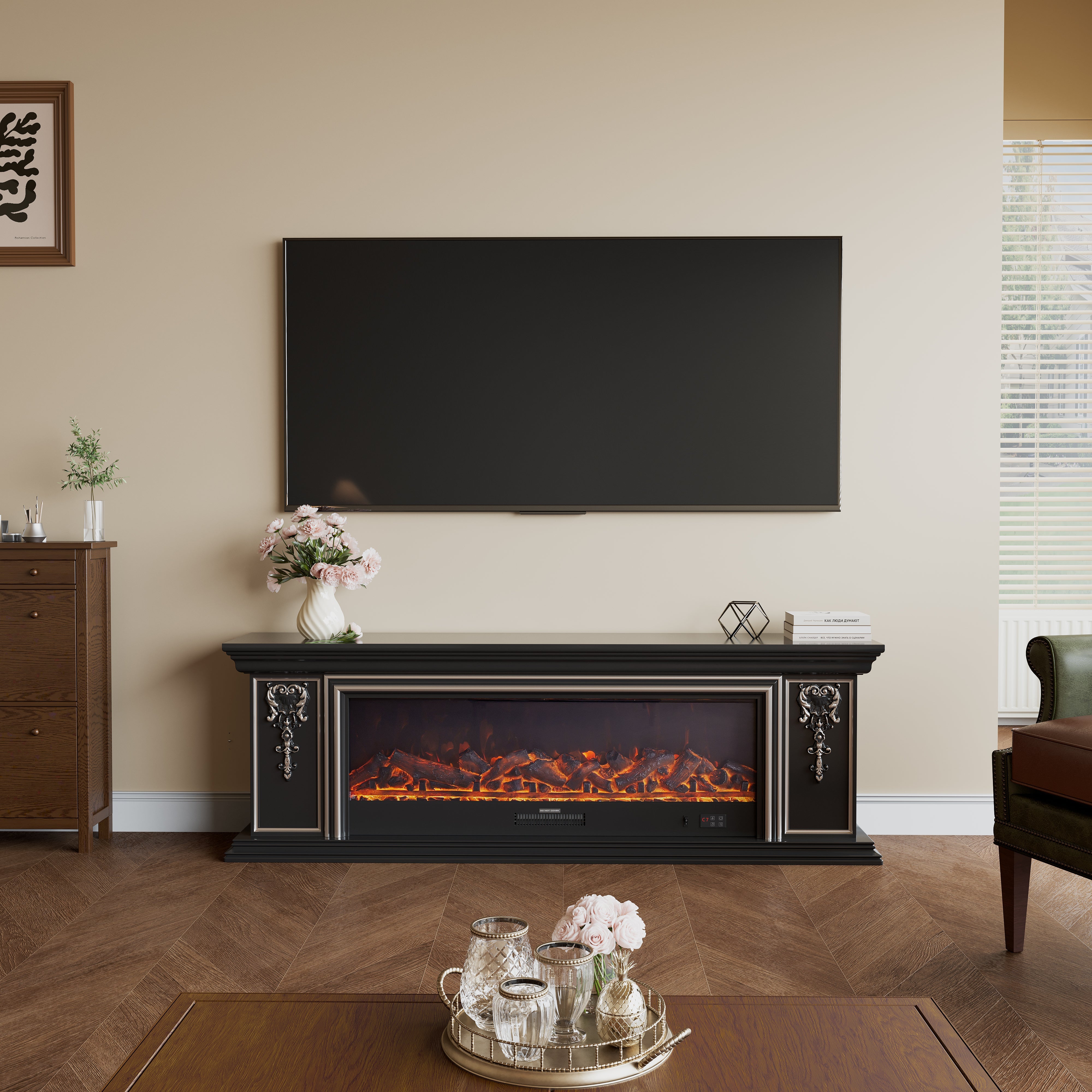 Black Gold Trim TV Cabinet Electric Fireplace with WiFi, APP & Flame Sound