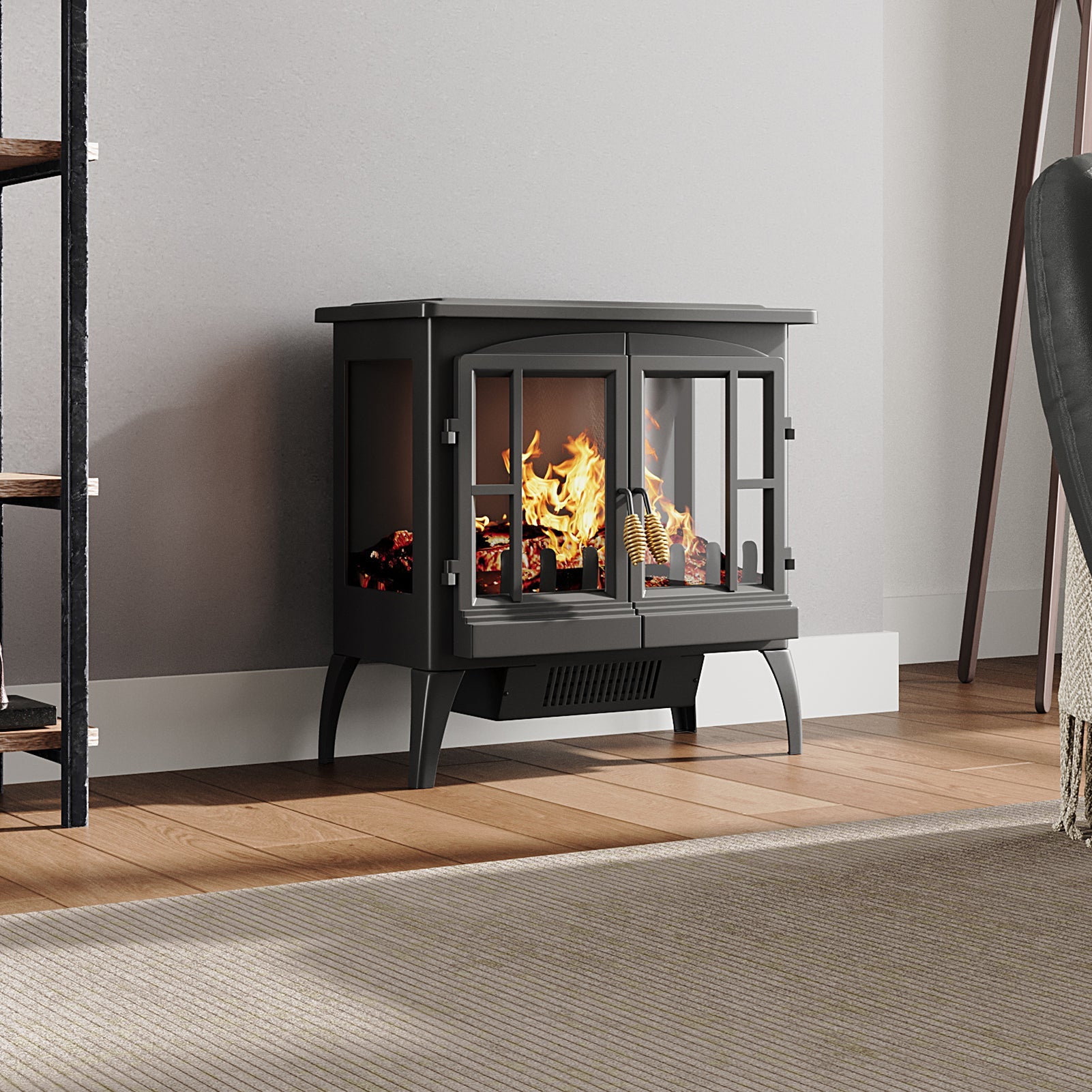 Black Freestanding Electric Fireplace Heater with Adjustable Flame Brightness