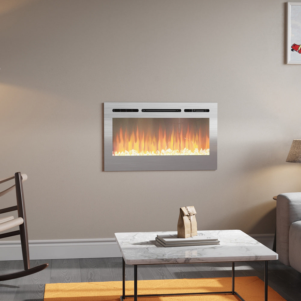 36/40/50/60inch Built-in Electric Fireplace with LED Display, Realistic Flame Effect with Logs and Crystal