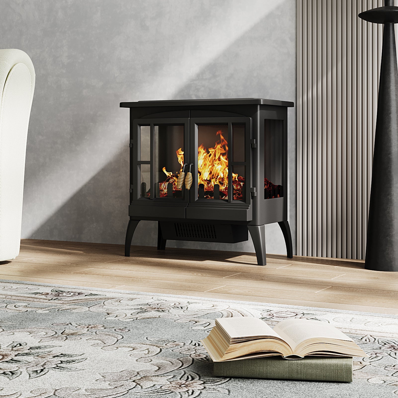 Black Freestanding Electric Fireplace Heater with Adjustable Flame Brightness