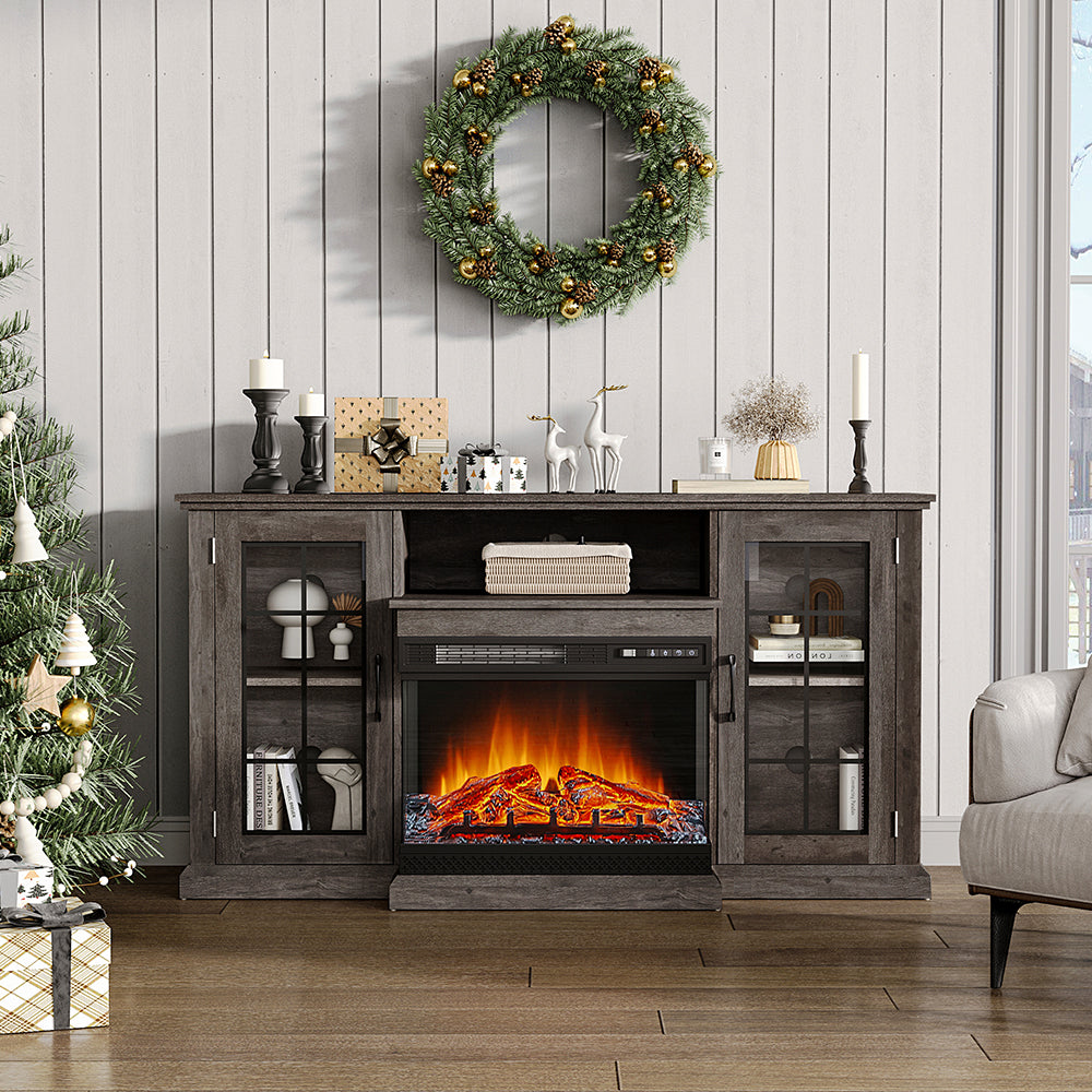 Panoramic Glass Fireplace TV Stand with Storage Cabinets, Customizable Flames & Remote Control