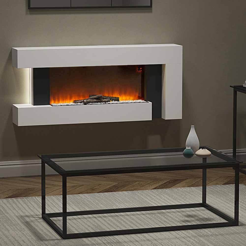50-Inch LED Wall Mounted Electric Fire with White Wooden Frame