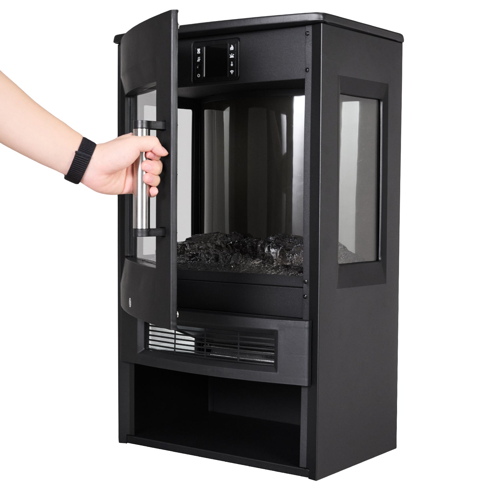 3-Sided Freestanding Electric Fireplace with Remote Control – Black, 900/1800W, Adjustable LED Flame & Temperature