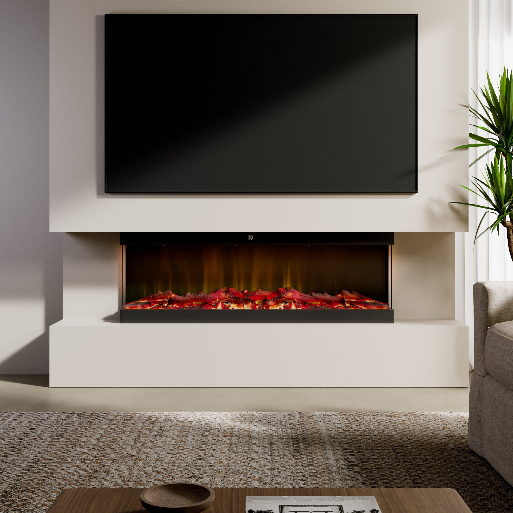 42/48/56/72inch 3-Sided Black/White Electric Fireplace with Remote Control, WiFi Function, Adjustable LED Flames and Heating Modes