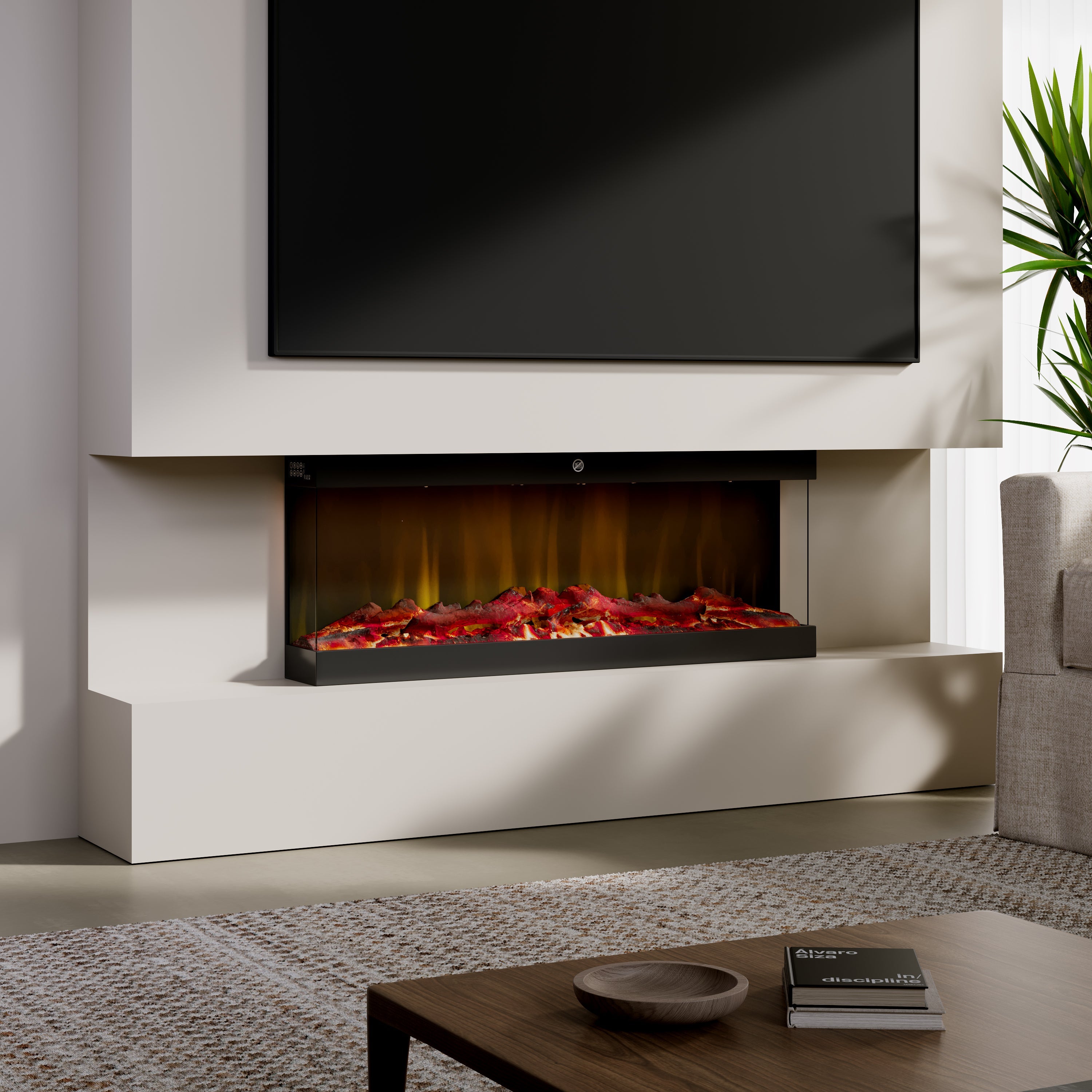 42/48/56/72inch 3-Sided Black/White Electric Fireplace with Remote Control, WiFi Function, Adjustable LED Flames and Heating Modes