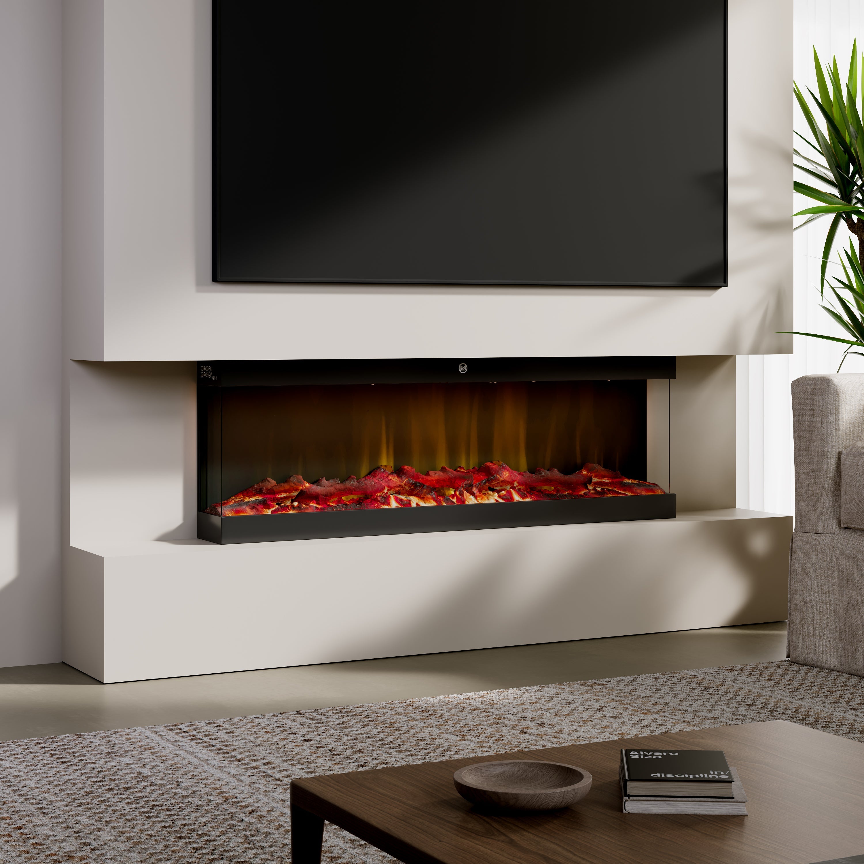 42/48/56/72inch 3-Sided Black/White Electric Fireplace with Remote Control, WiFi Function, Adjustable LED Flames and Heating Modes