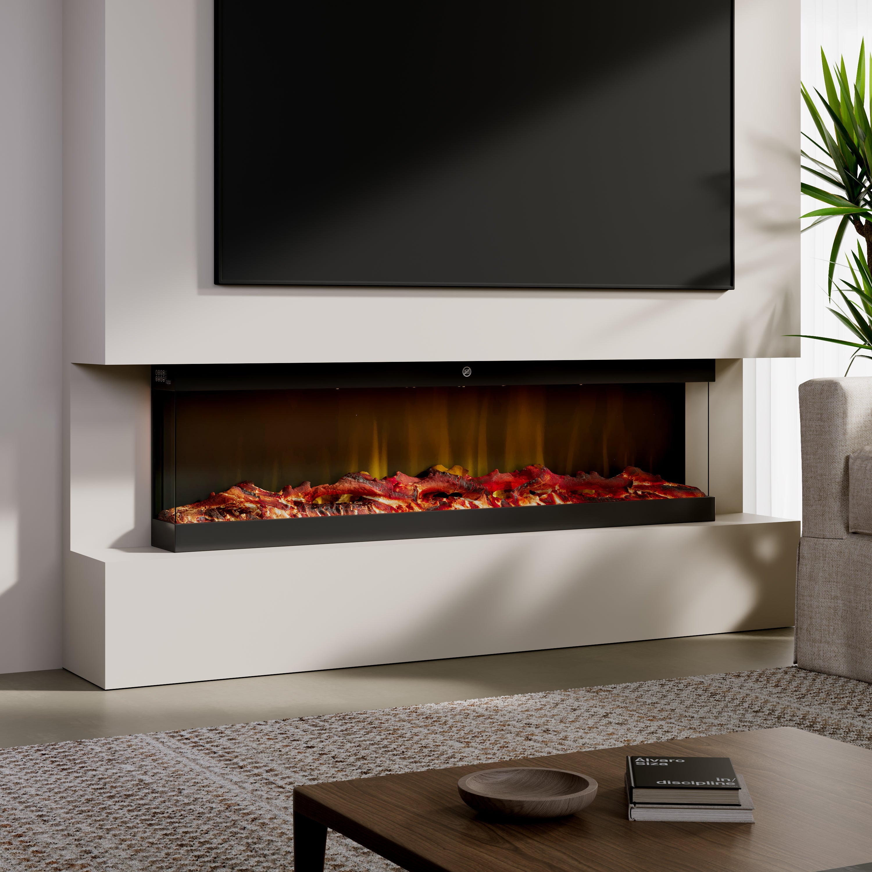 42/48/56/72inch 3-Sided Black/White Electric Fireplace with Remote Control, WiFi Function, Adjustable LED Flames and Heating Modes