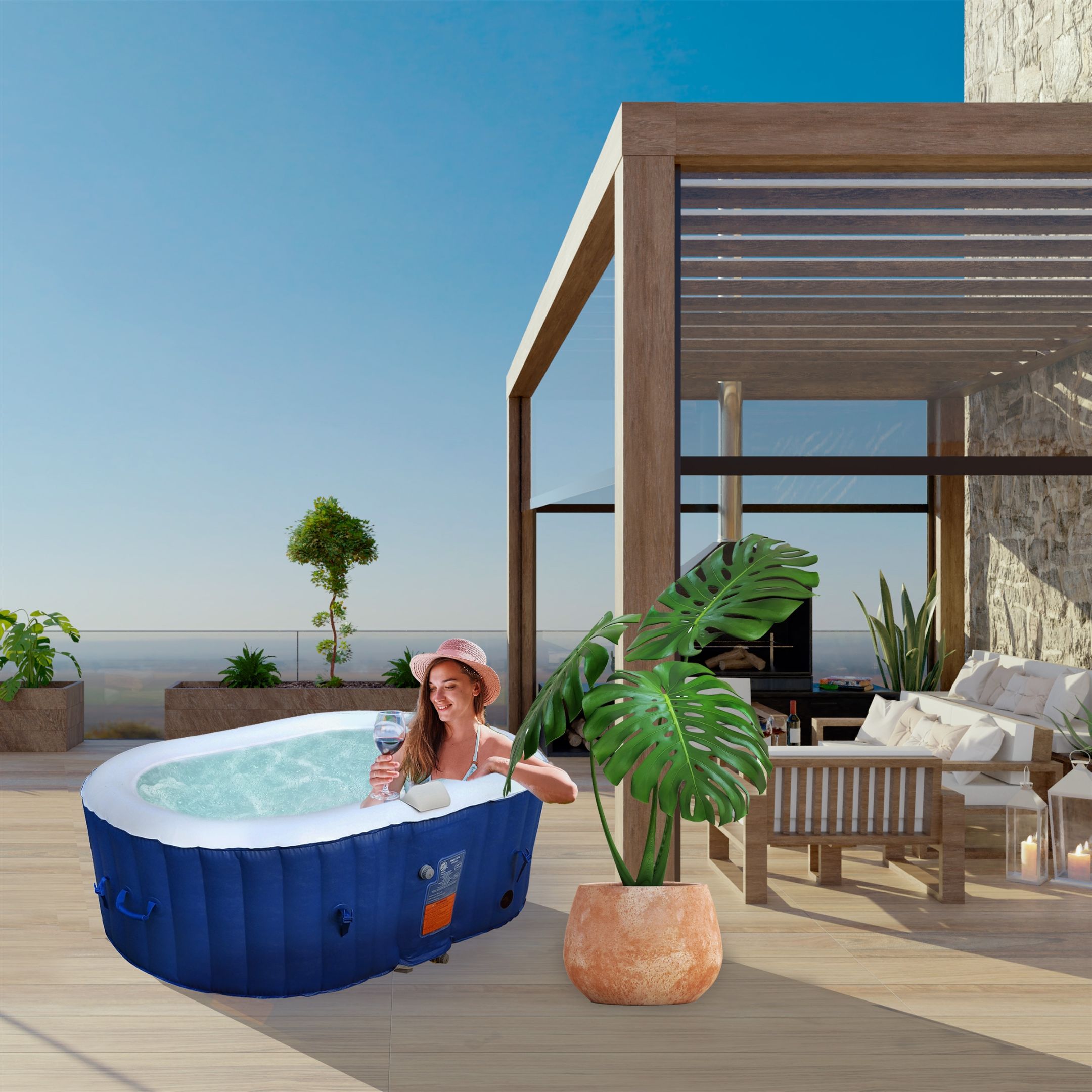 Oval Blue Inflatable Hot Tub With Drink Tray and Cover - 2 Person - 145 Gallon I SPAFAIR