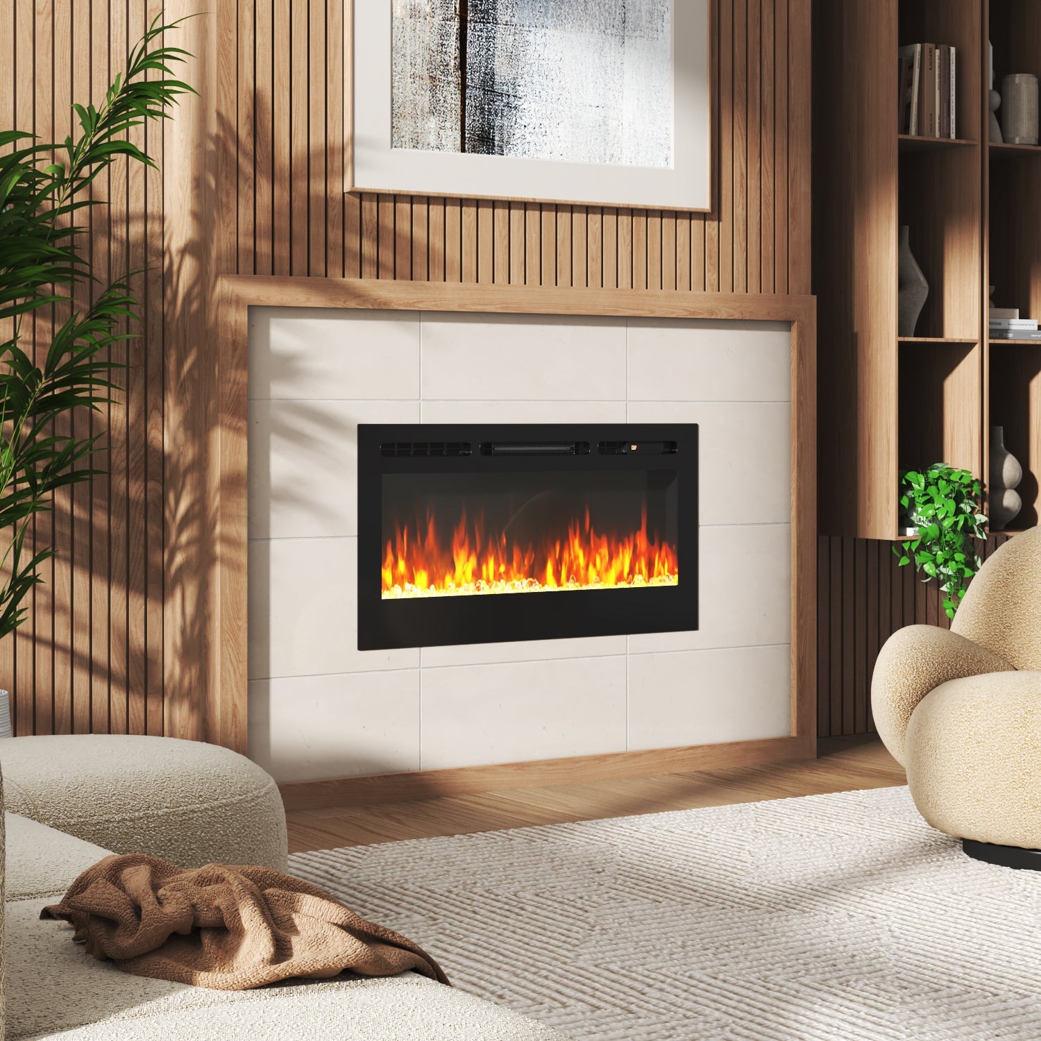36/40/50/60inch Built-in Electric Fireplace with LED Display, Realistic Flame Effect with Logs and Crystal
