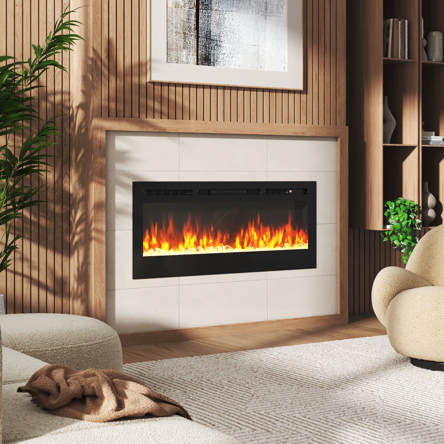 36/40/50/60inch Built-in Electric Fireplace with LED Display, Realistic Flame Effect with Logs and Crystal