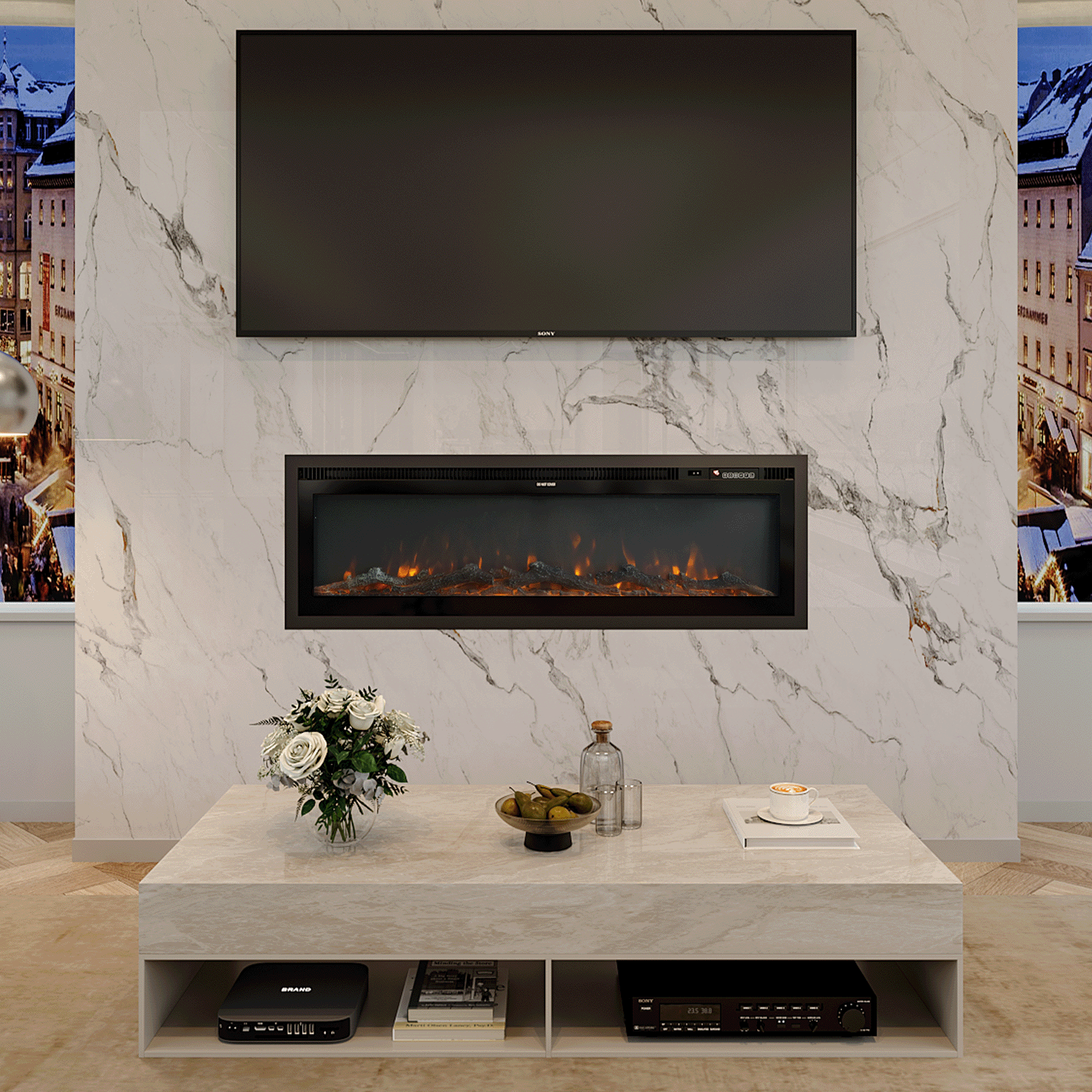Wide-View Media Wall Fireplace with Realistic LED Flames & Remote Control