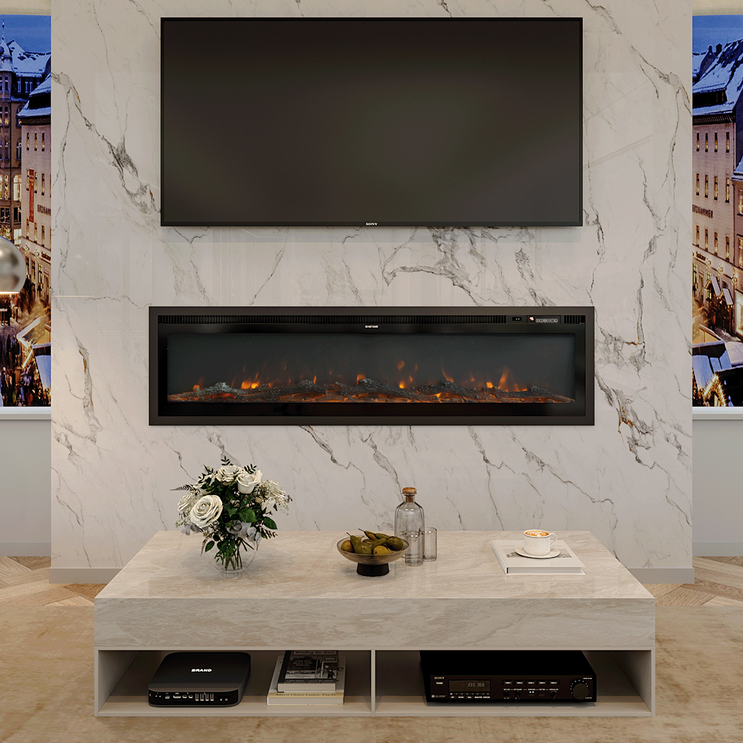 Wide-View Media Wall Fireplace with Realistic LED Flames & Remote Control