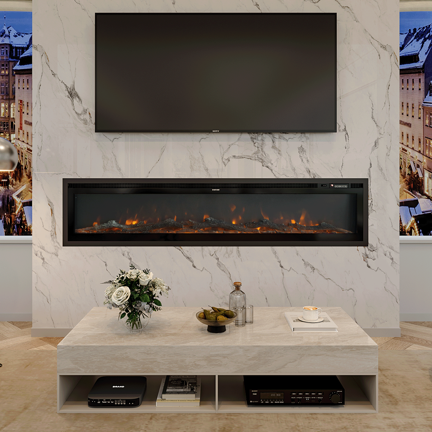 Wide-View Media Wall Fireplace with Realistic LED Flames & Remote Control