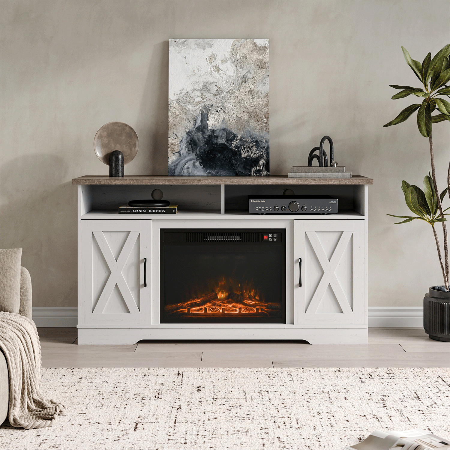 Large Wooden TV Stand with Recessed Electric Fireplace
