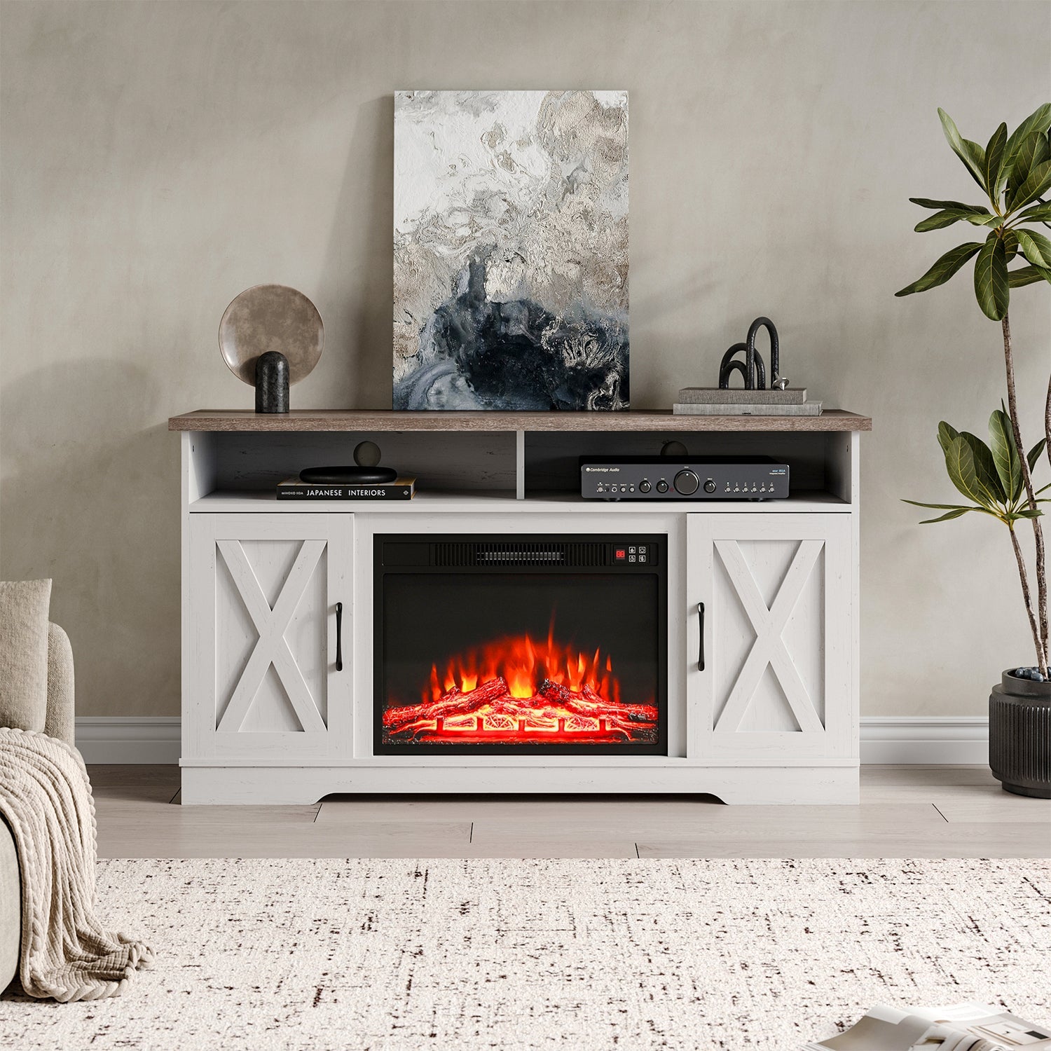 Large Wooden TV Stand with Recessed Electric Fireplace