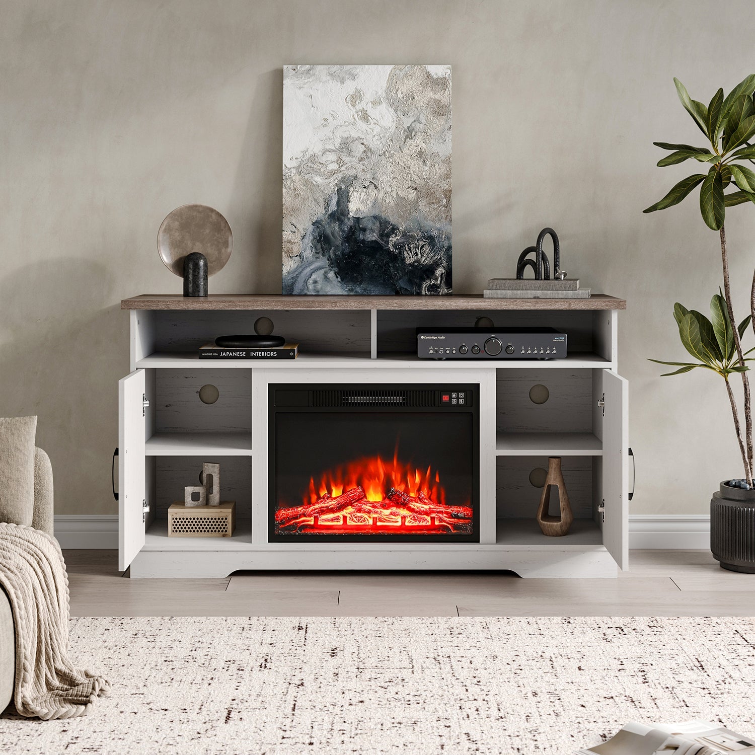Large Wooden TV Stand with Recessed Electric Fireplace