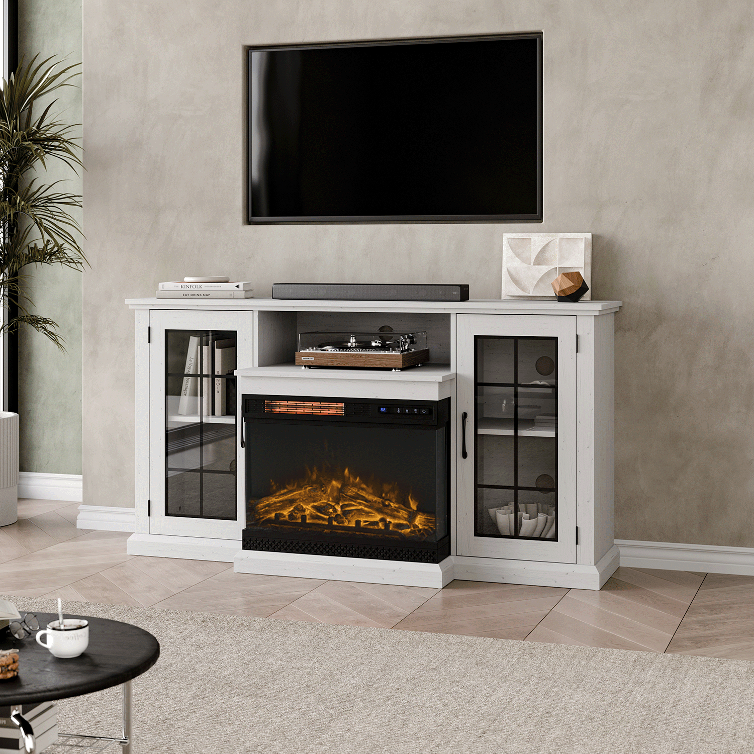 Panoramic Glass Fireplace TV Stand with Storage Cabinets, Customizable Flames & Remote Control