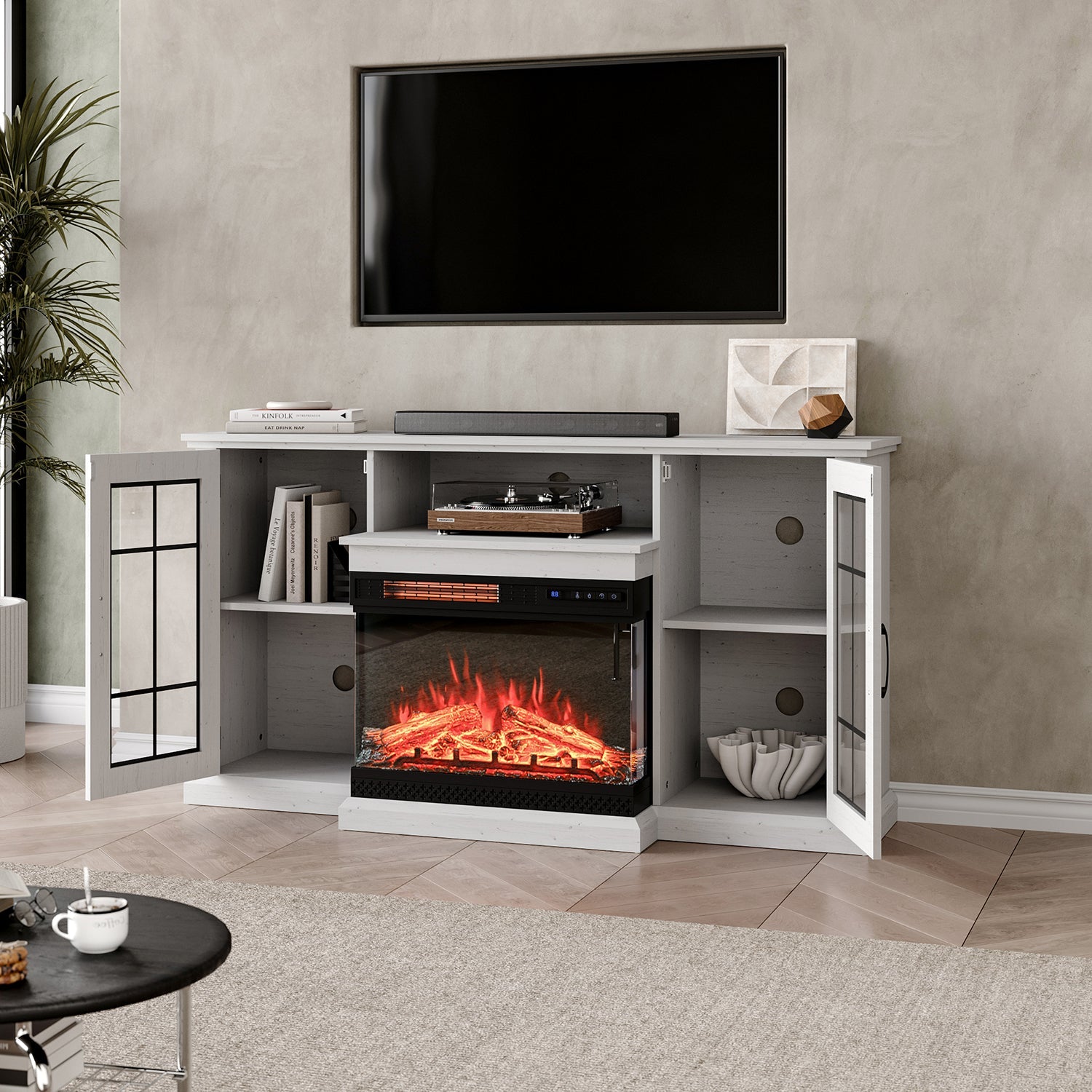 Panoramic Glass Fireplace TV Stand with Storage Cabinets, Customizable Flames & Remote Control