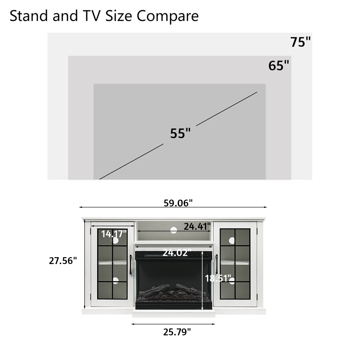 Panoramic Glass Fireplace TV Stand with Storage Cabinets, Customizable Flames & Remote Control