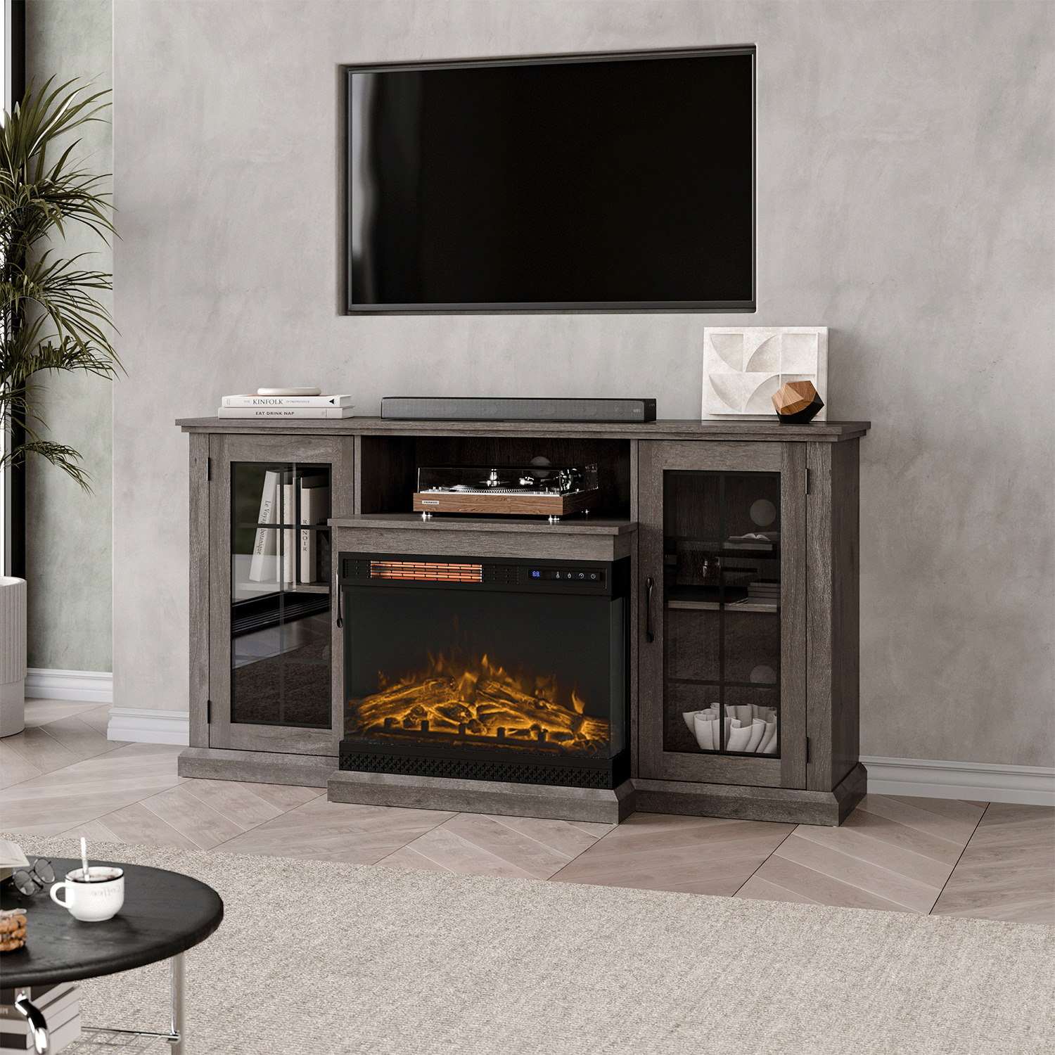 Panoramic Glass Fireplace TV Stand with Storage Cabinets, Customizable Flames & Remote Control
