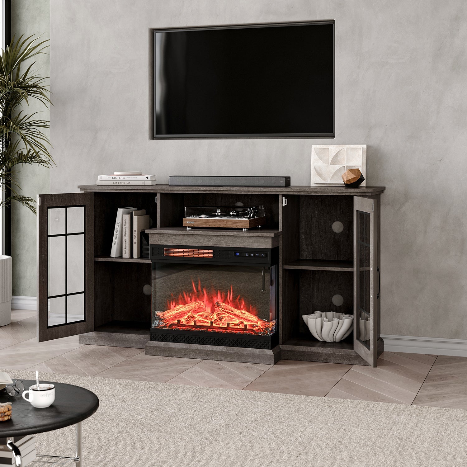 Panoramic Glass Fireplace TV Stand with Storage Cabinets, Customizable Flames & Remote Control