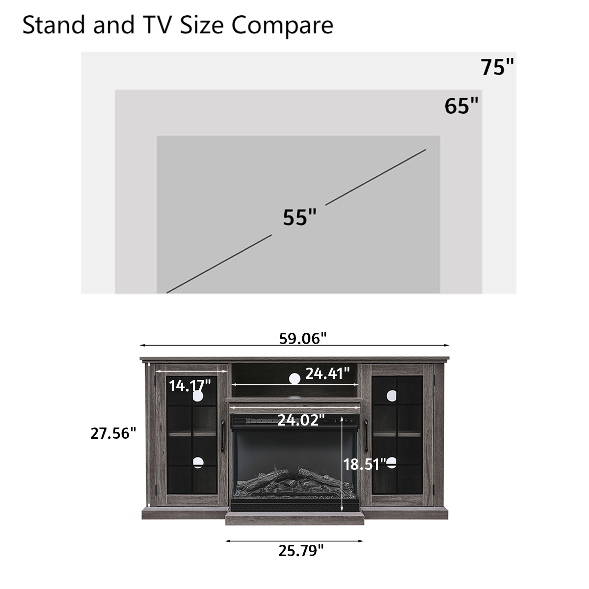 Panoramic Glass Fireplace TV Stand with Storage Cabinets, Customizable Flames & Remote Control