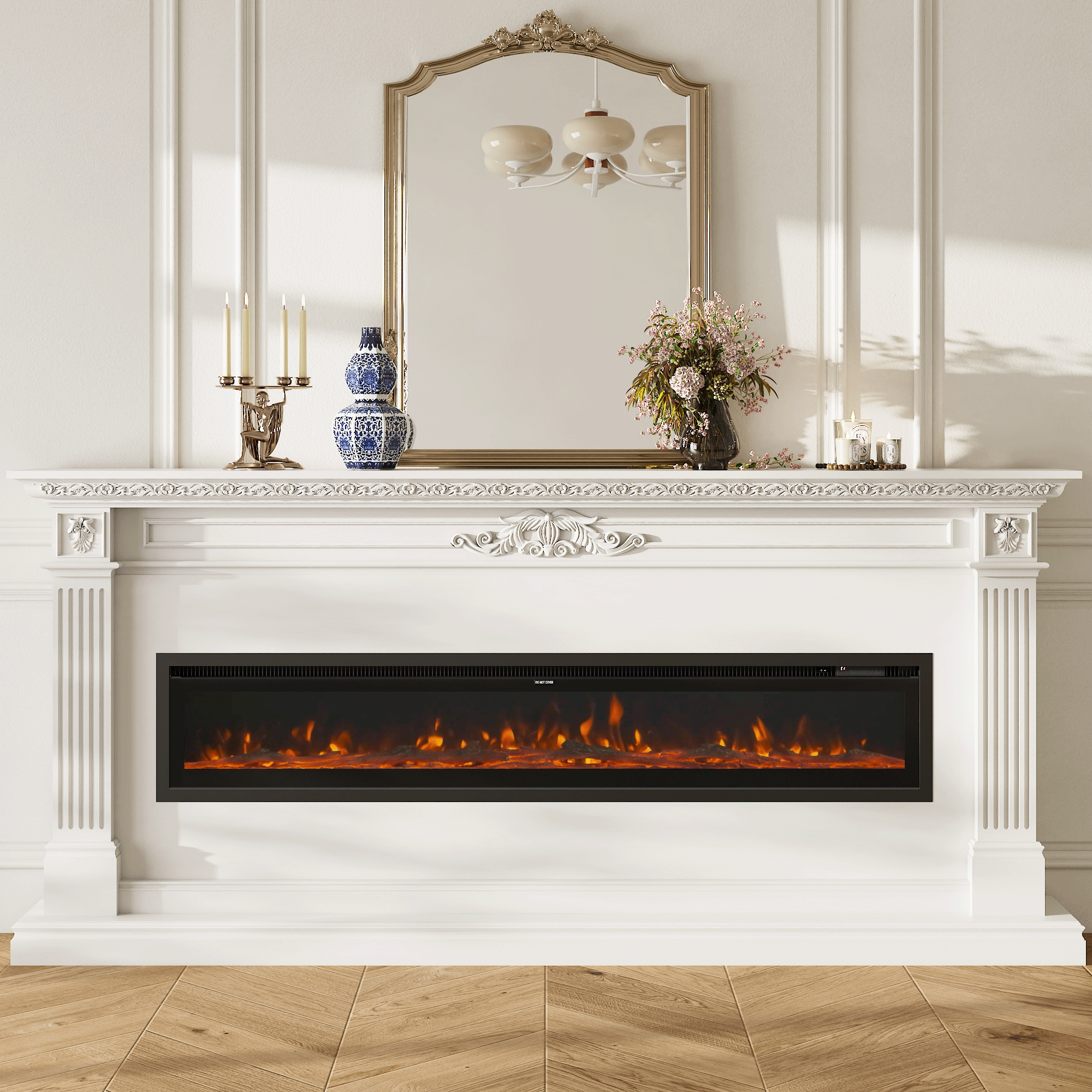 Wide-View Media Wall Fireplace with Realistic LED Flames & Remote Control