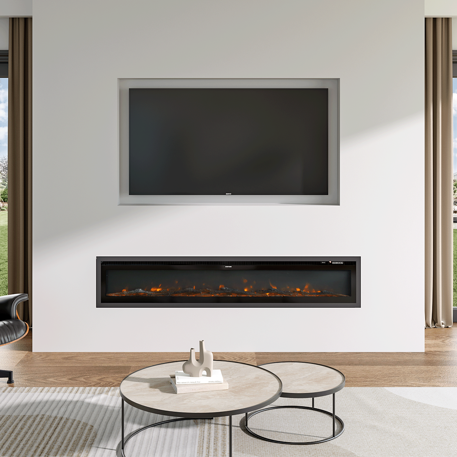 Wide-View Media Wall Fireplace with Realistic LED Flames & Remote Control