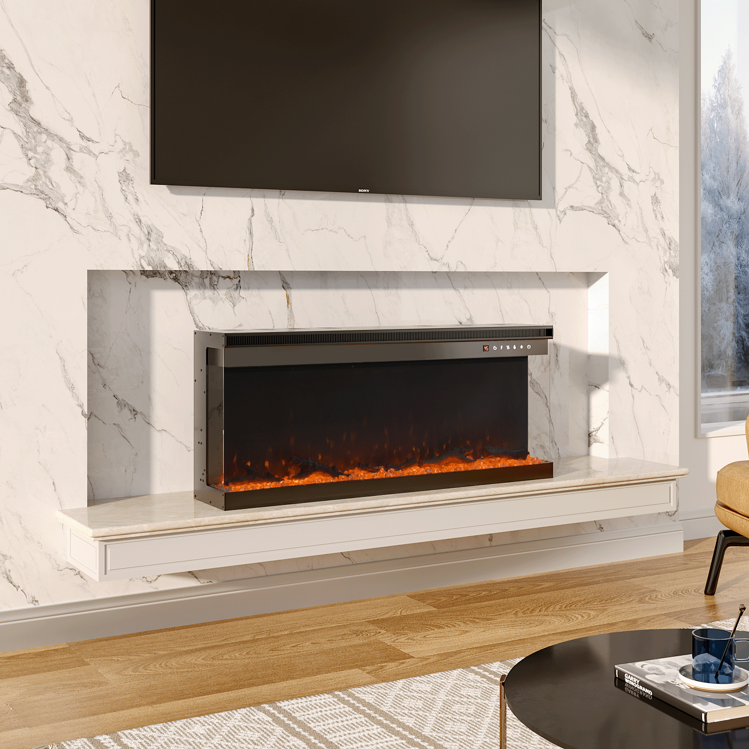 Panoramic 2/3-Sided Electric Fire Insert with Crystal Stones