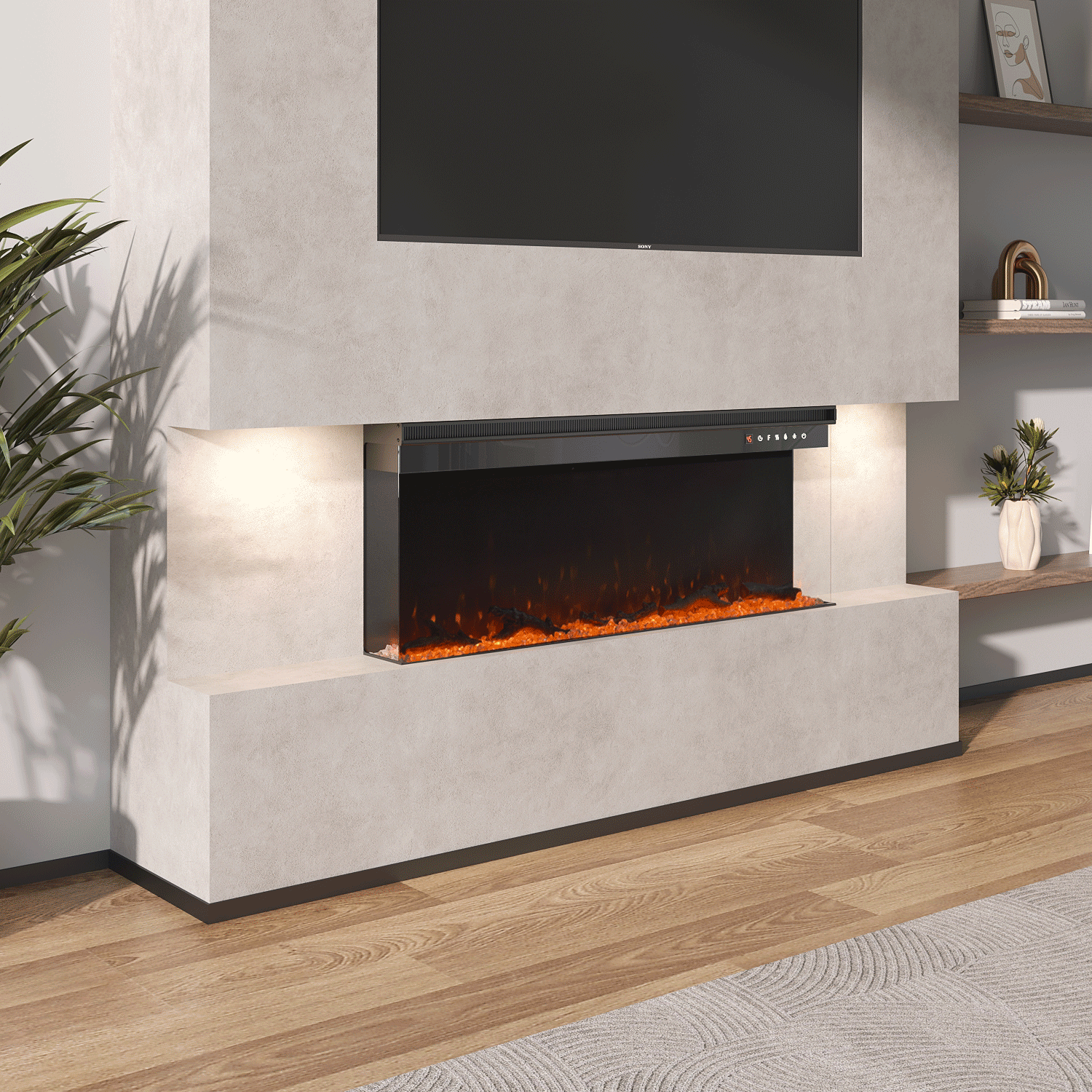 Panoramic 2/3-Sided Electric Fire Insert with Crystal Stones