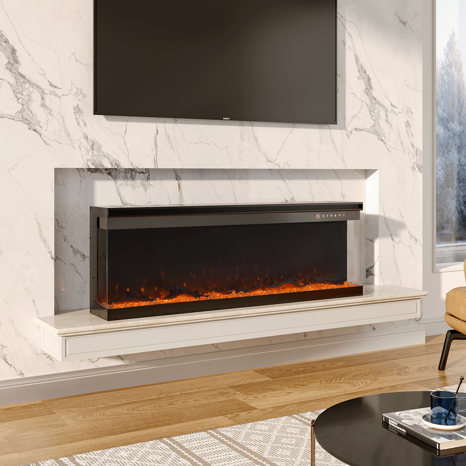 Panoramic 2/3-Sided Electric Fire Insert with Crystal Stones