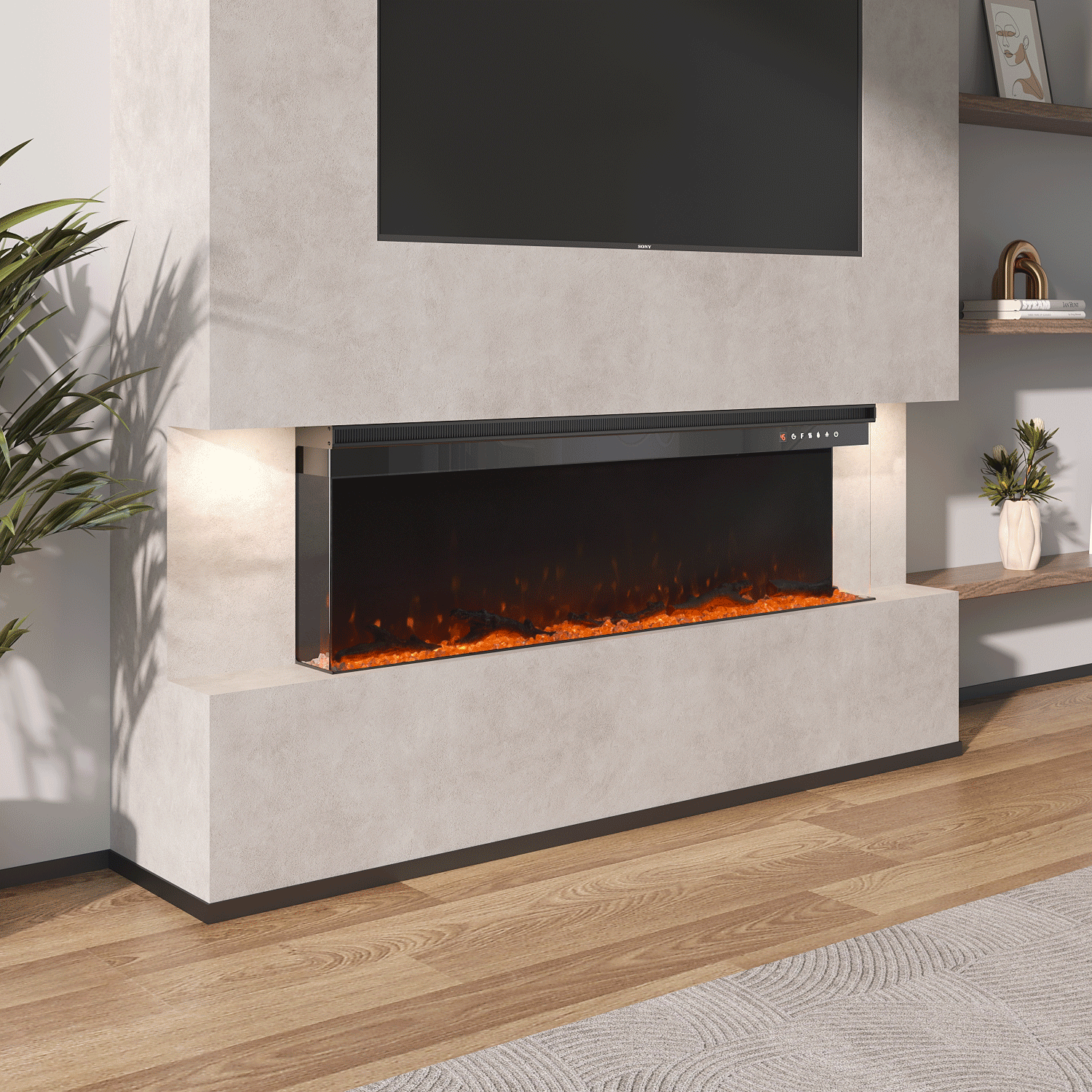 Panoramic 2/3-Sided Electric Fire Insert with Crystal Stones