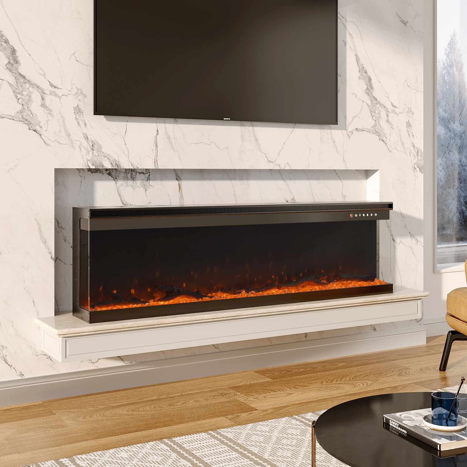 Panoramic 2/3-Sided Electric Fire Insert with Crystal Stones