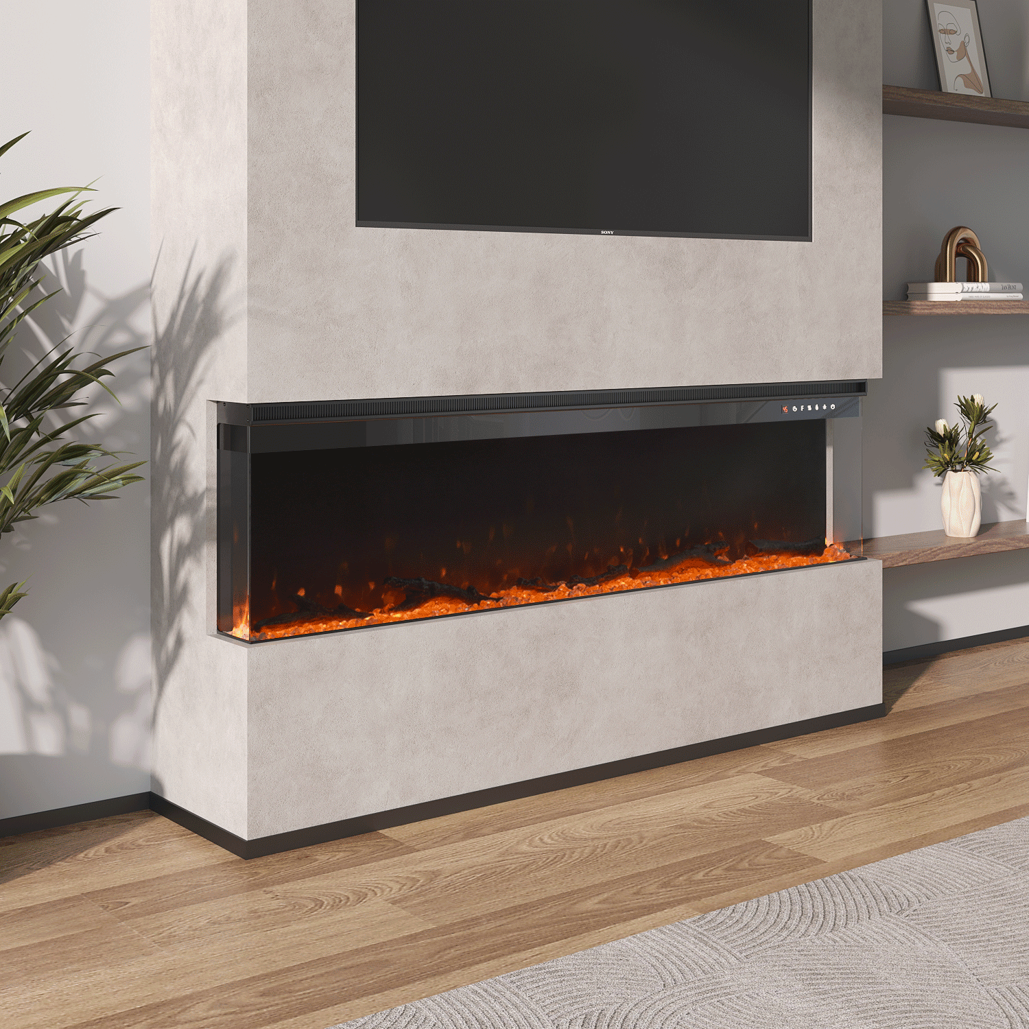Panoramic 2/3-Sided Electric Fire Insert with Crystal Stones