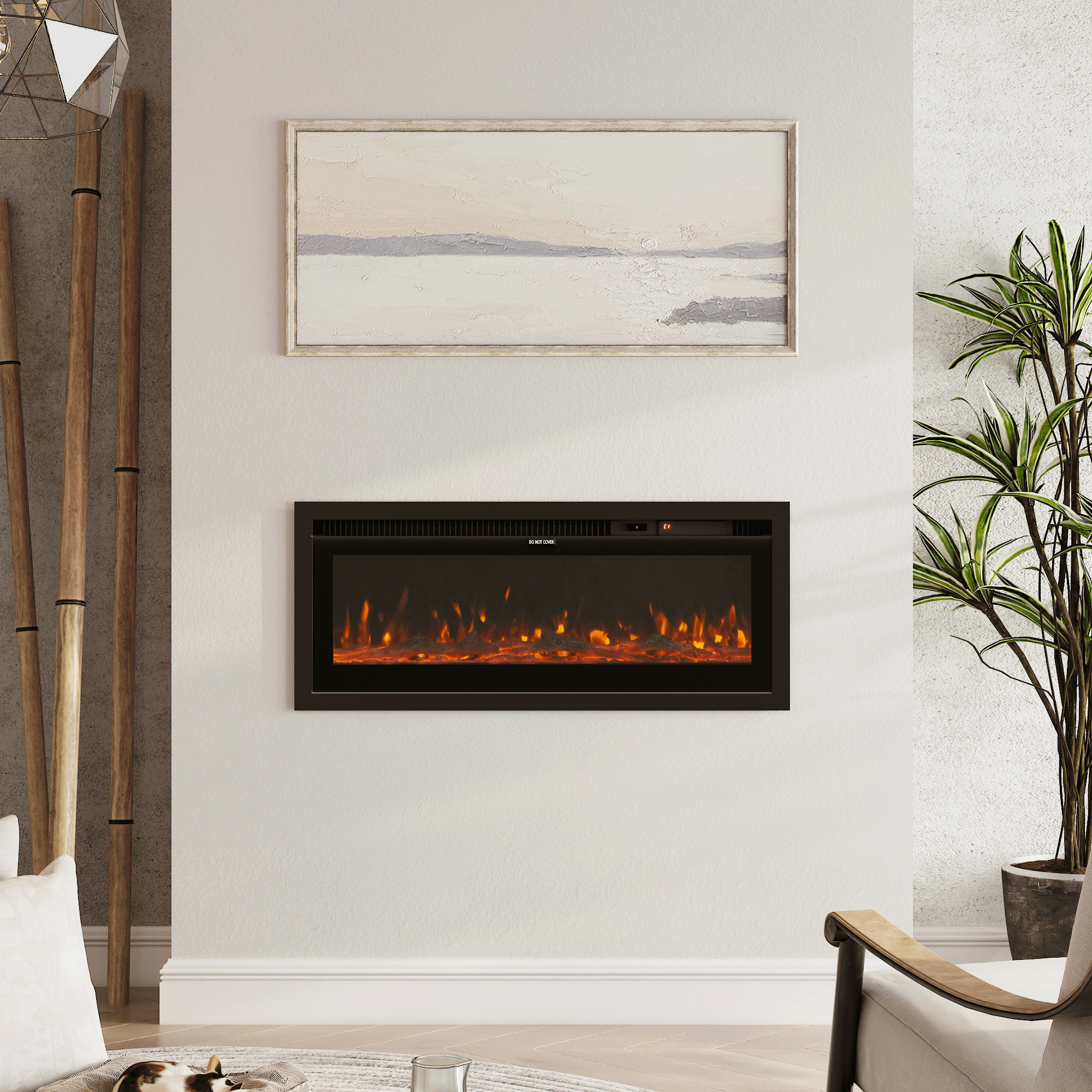 Wide-View Media Wall Fireplace with Realistic LED Flames & Remote Control