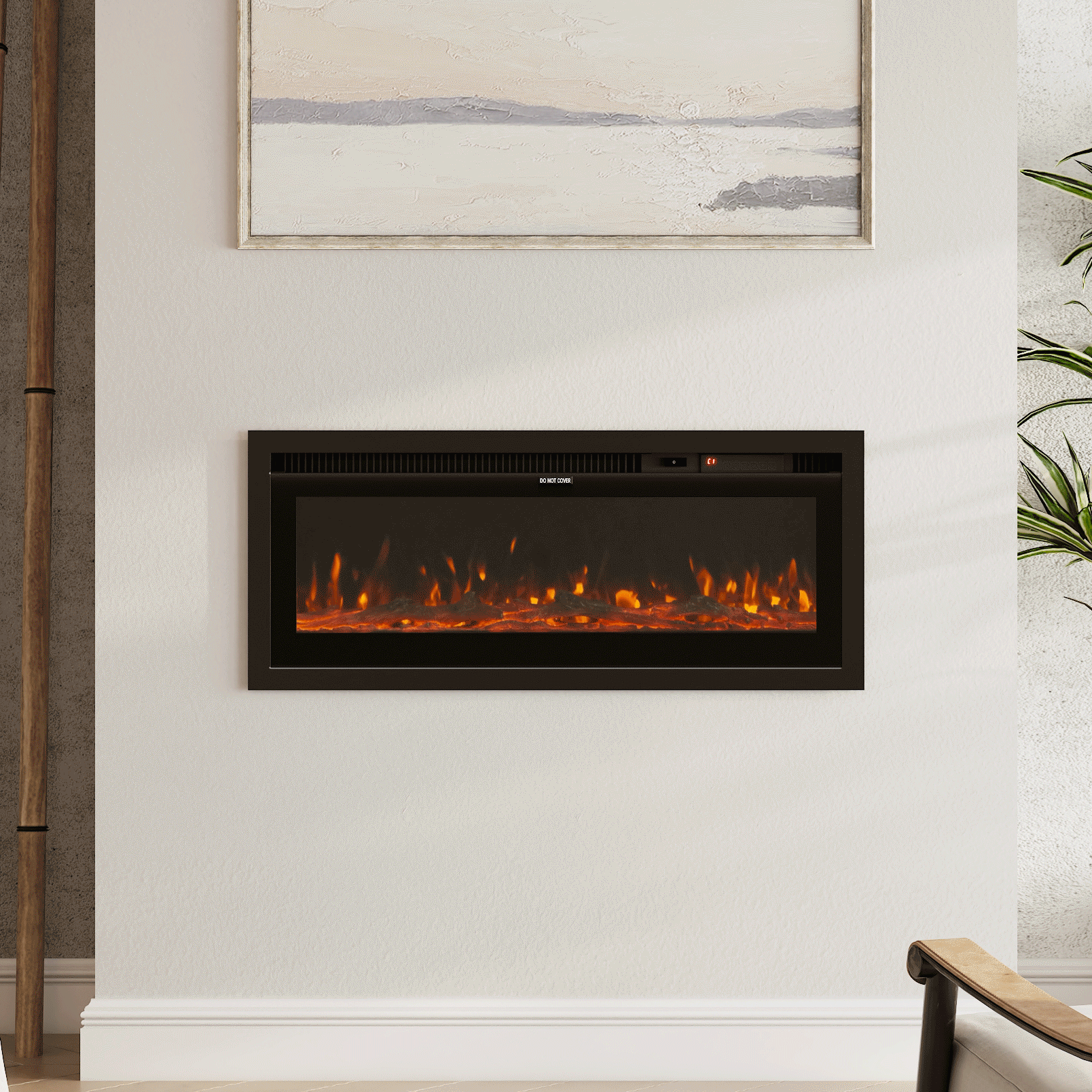 Wide-View Media Wall Fireplace with Realistic LED Flames & Remote Control
