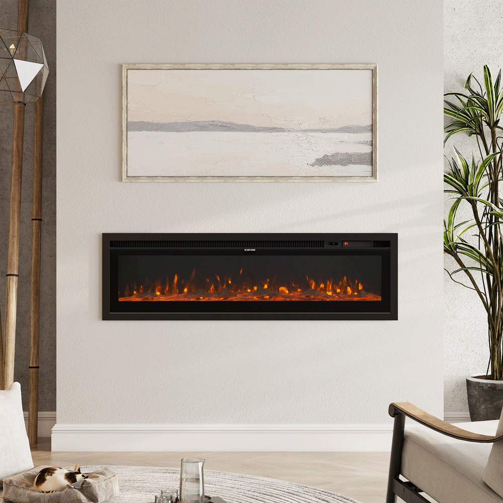 Wide-View Media Wall Fireplace with Realistic LED Flames & Remote Control