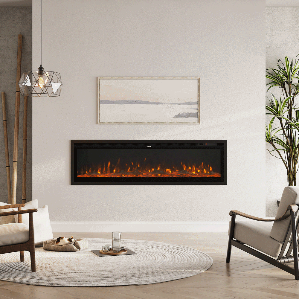 Wide-View Media Wall Fireplace with Realistic LED Flames & Remote Control